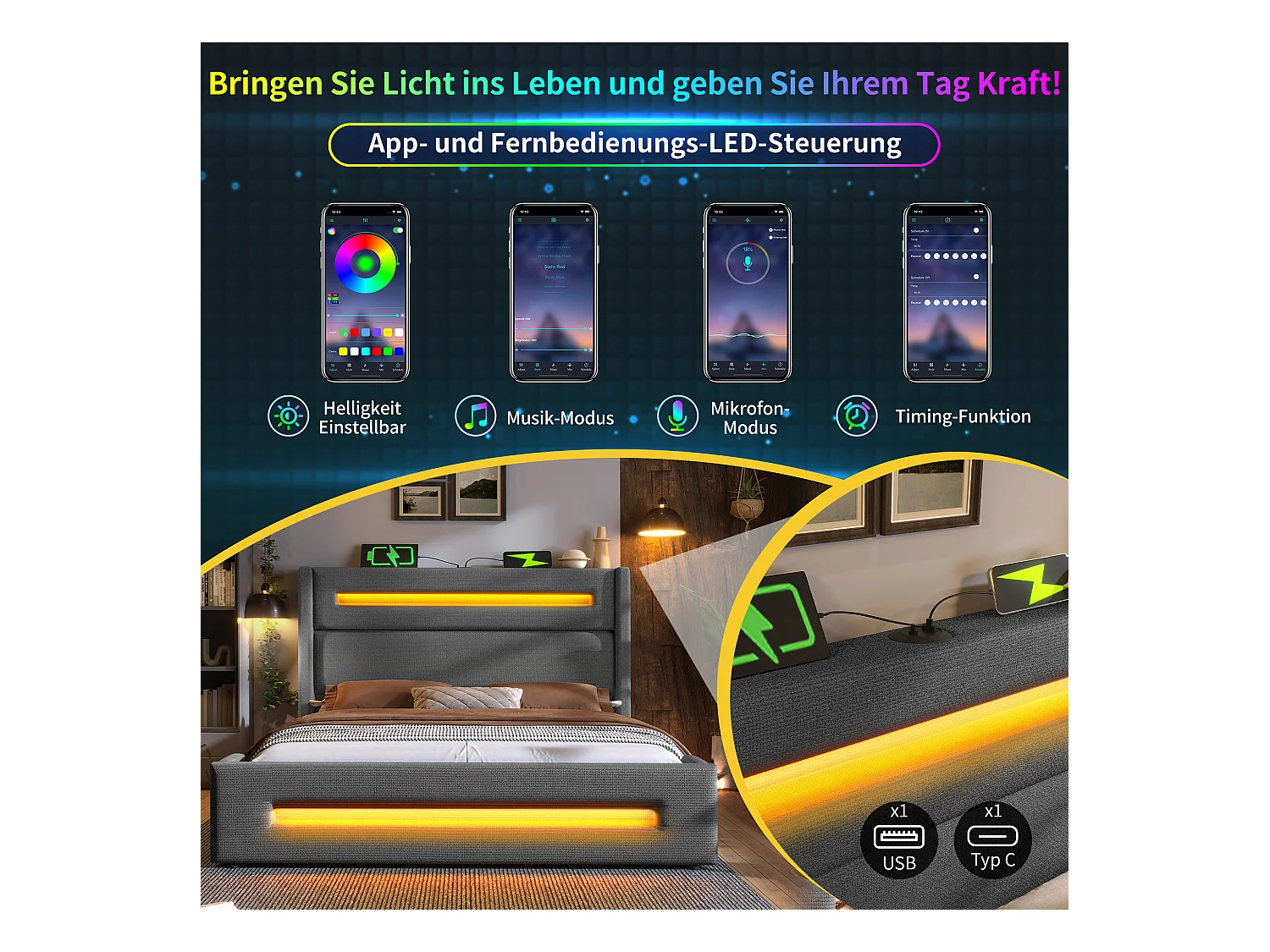 Lit coffre double rembourré pour enfant - 160 x 200 cm - avec Leds + rangement hydraulique + USB + Type-C - lin - gris