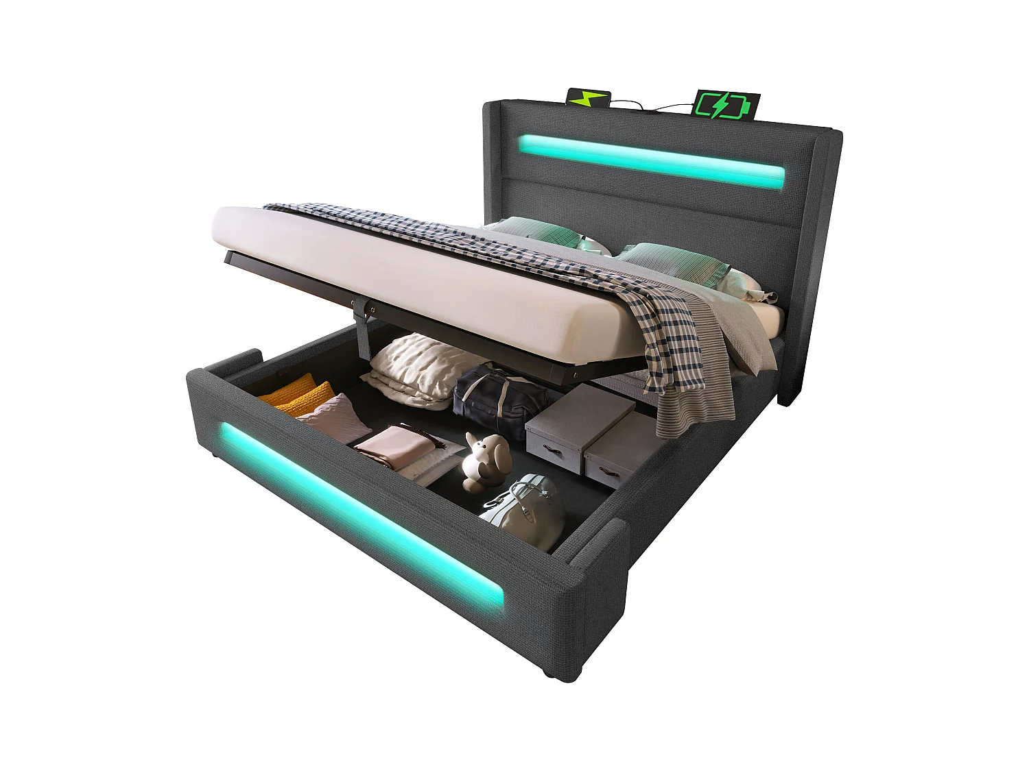 Lit coffre double rembourré pour enfant - 160 x 200 cm - avec Leds + rangement hydraulique + USB + Type-C - lin - gris