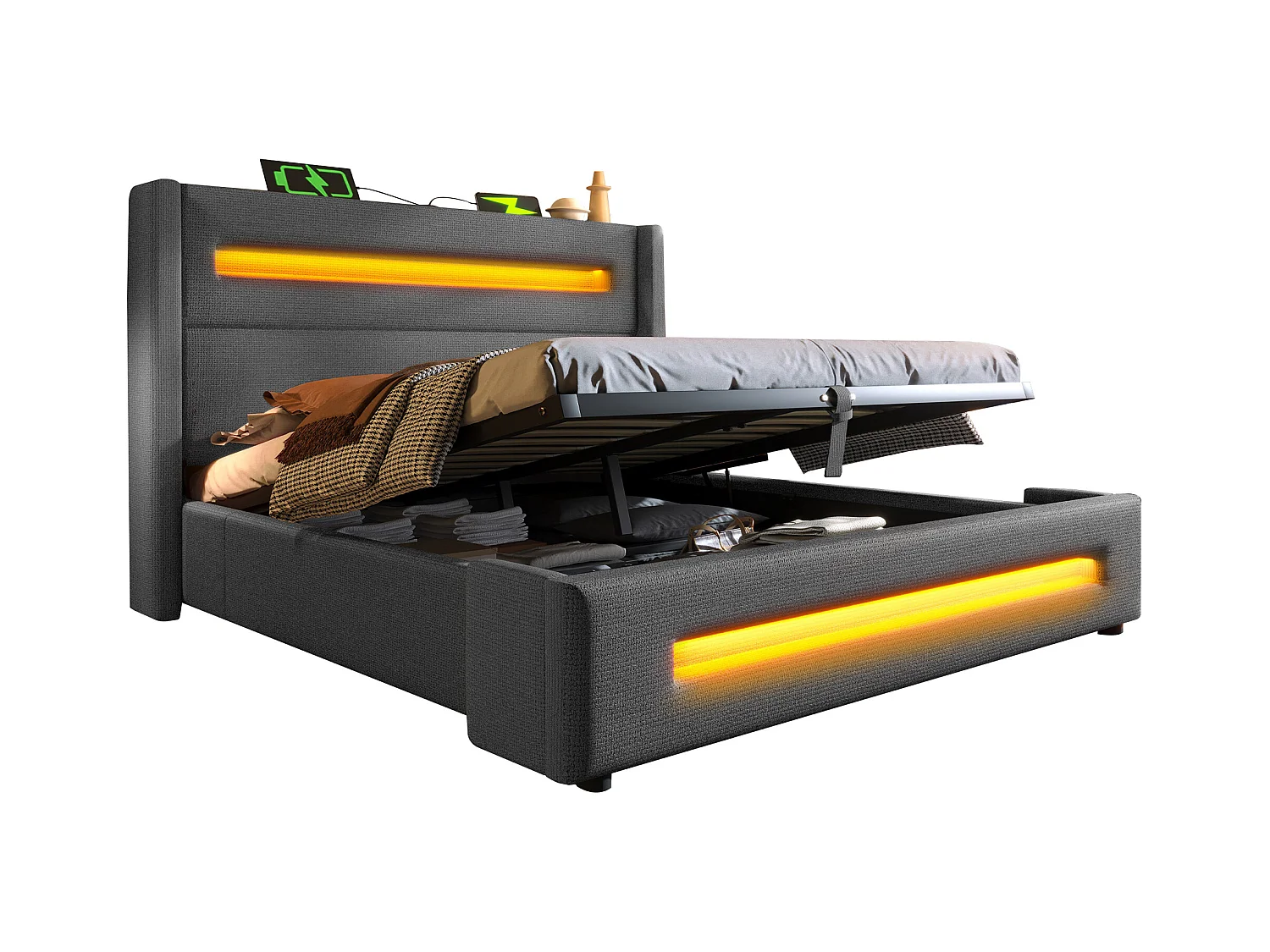 Lit coffre double rembourré pour enfant - 160 x 200 cm - avec Leds + rangement hydraulique + USB + Type-C - lin - gris