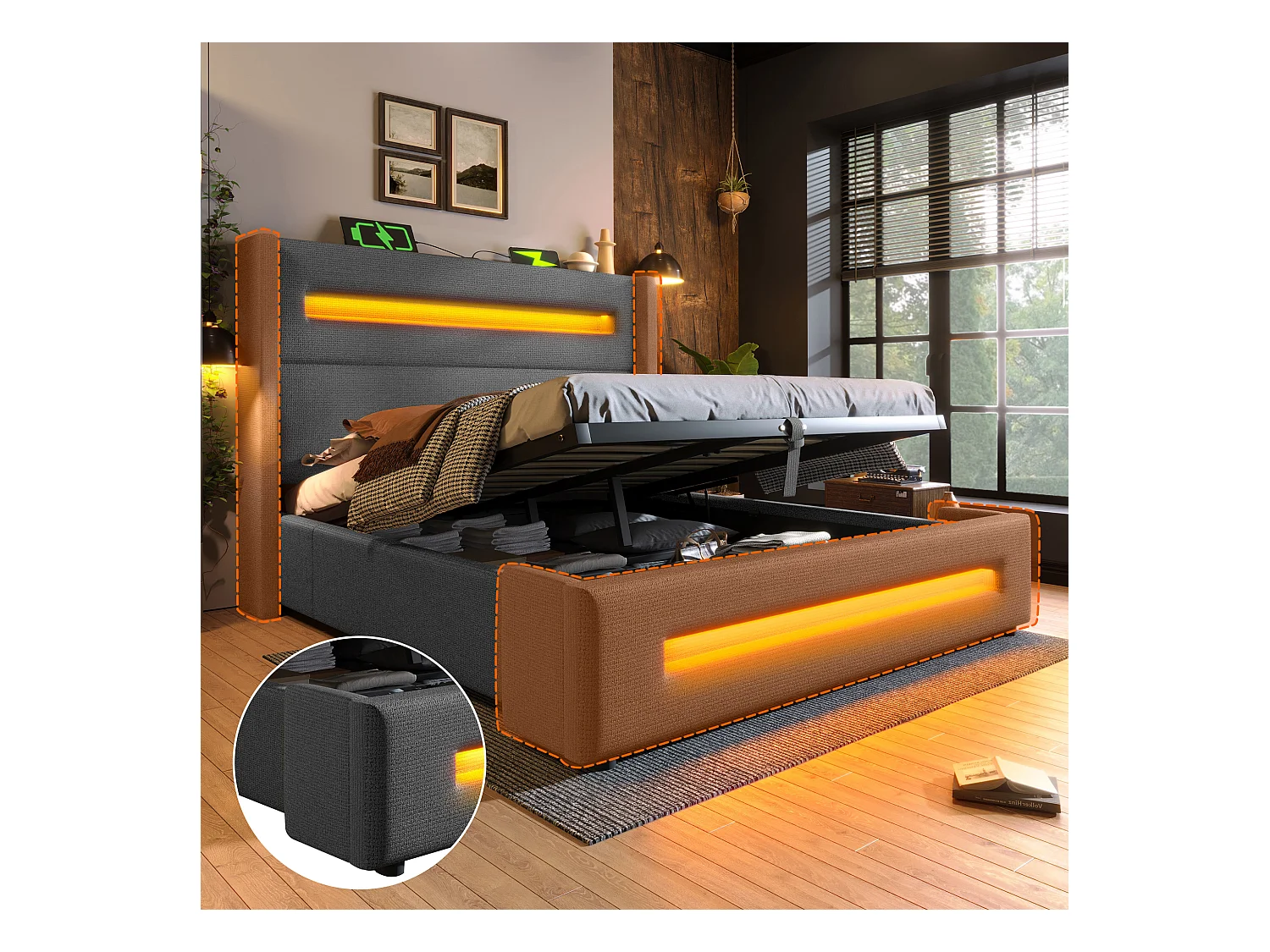 Lit coffre double rembourré pour enfant - 160 x 200 cm - avec Leds + rangement hydraulique + USB + Type-C - lin - gris