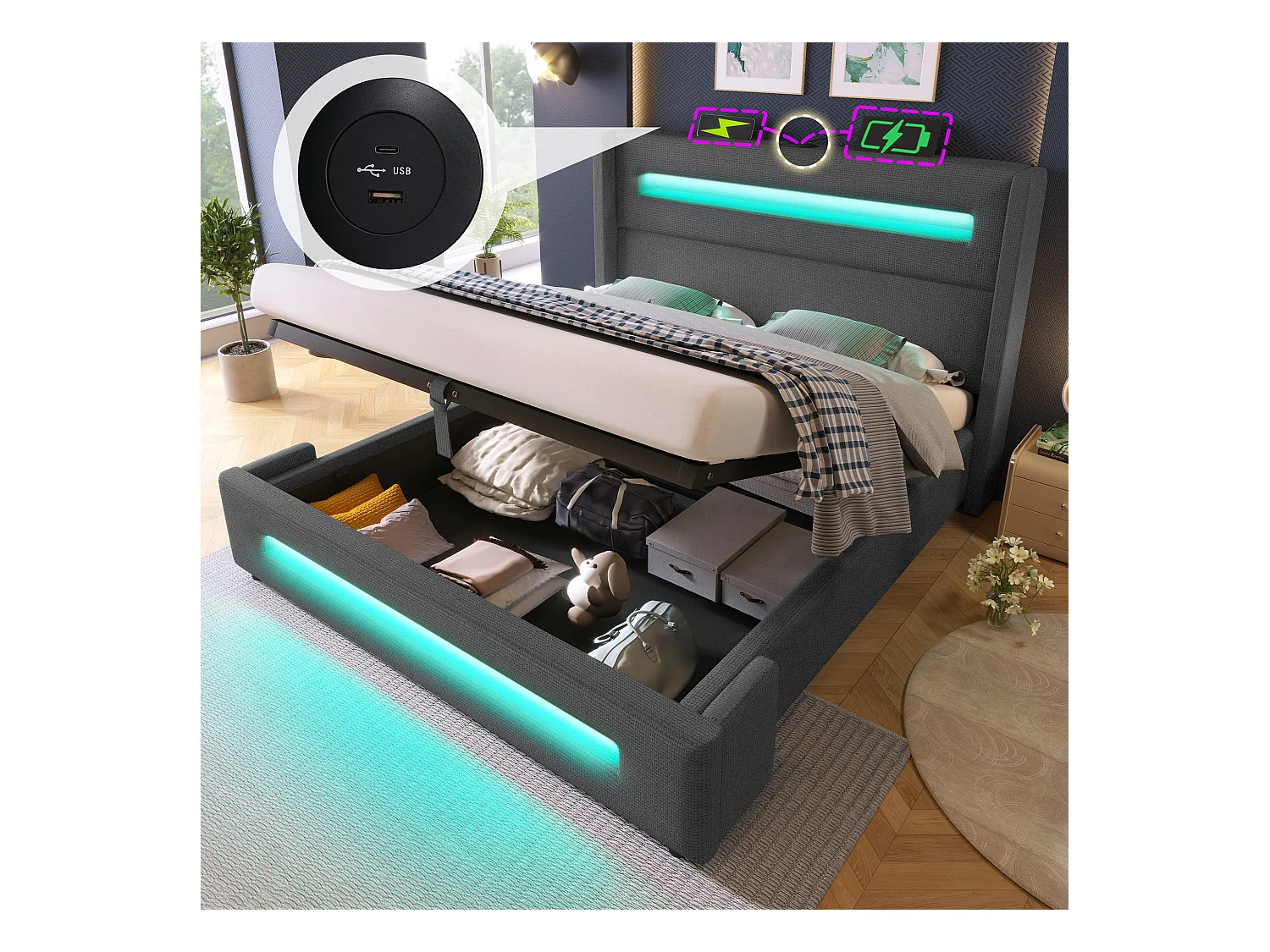 Lit coffre double rembourré pour enfant - 160 x 200 cm - avec Leds + rangement hydraulique + USB + Type-C - lin - gris