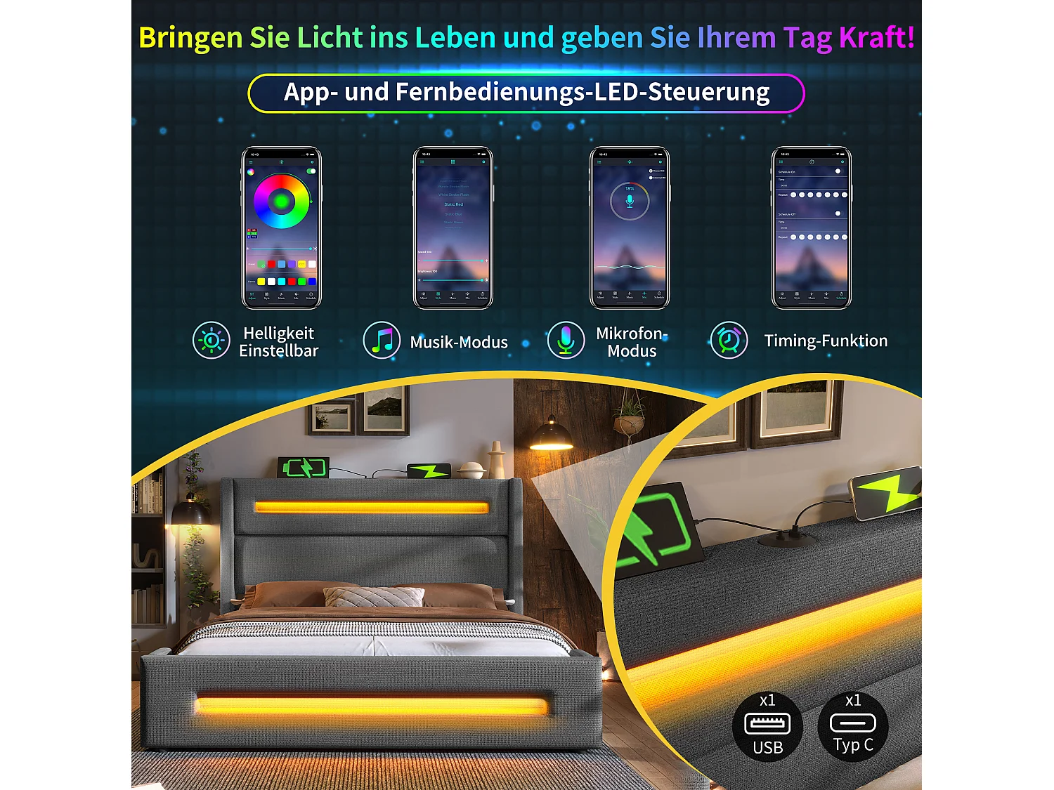 Lit coffre double rembourré pour enfant - 160 x 200 cm - avec Leds + rangement hydraulique + USB + Type-C - lin - gris