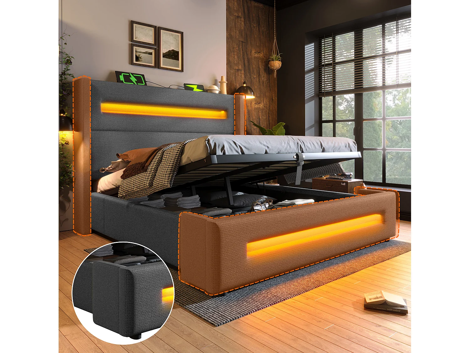 Lit coffre double rembourré pour enfant - 160 x 200 cm - avec Leds + rangement hydraulique + USB + Type-C - lin - gris