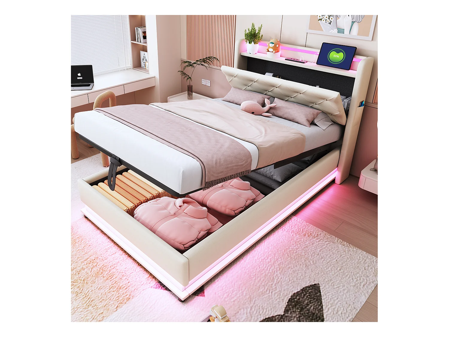Lit coffre rembourré pour enfant  - 90 x 200 cm - avec Leds + USB + tête de lit pliablee - rangement hydraulique - tissu en lin - beige