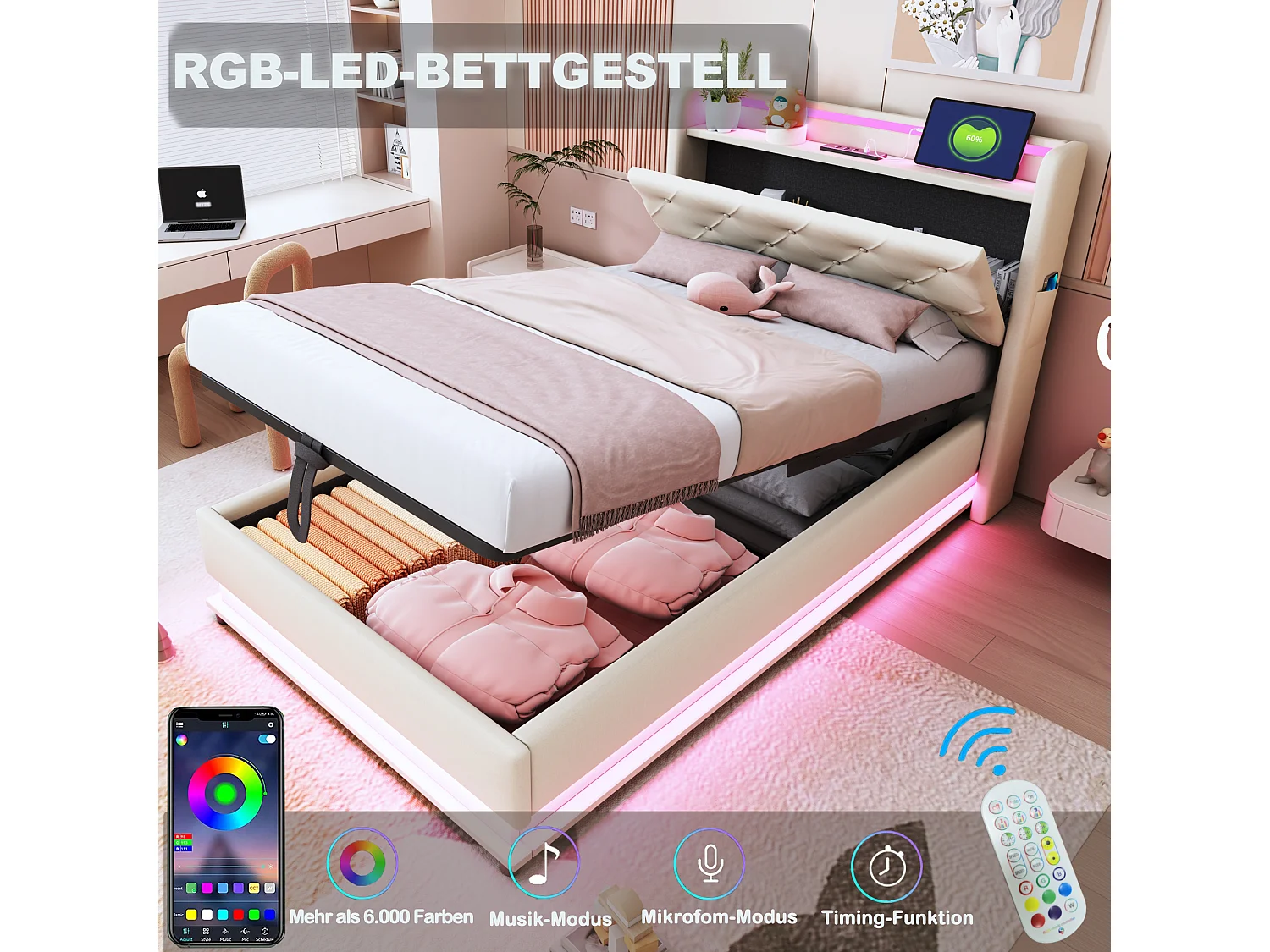 Lit coffre rembourré pour enfant  - 90 x 200 cm - avec Leds + USB + tête de lit pliablee - rangement hydraulique - tissu en lin - beige