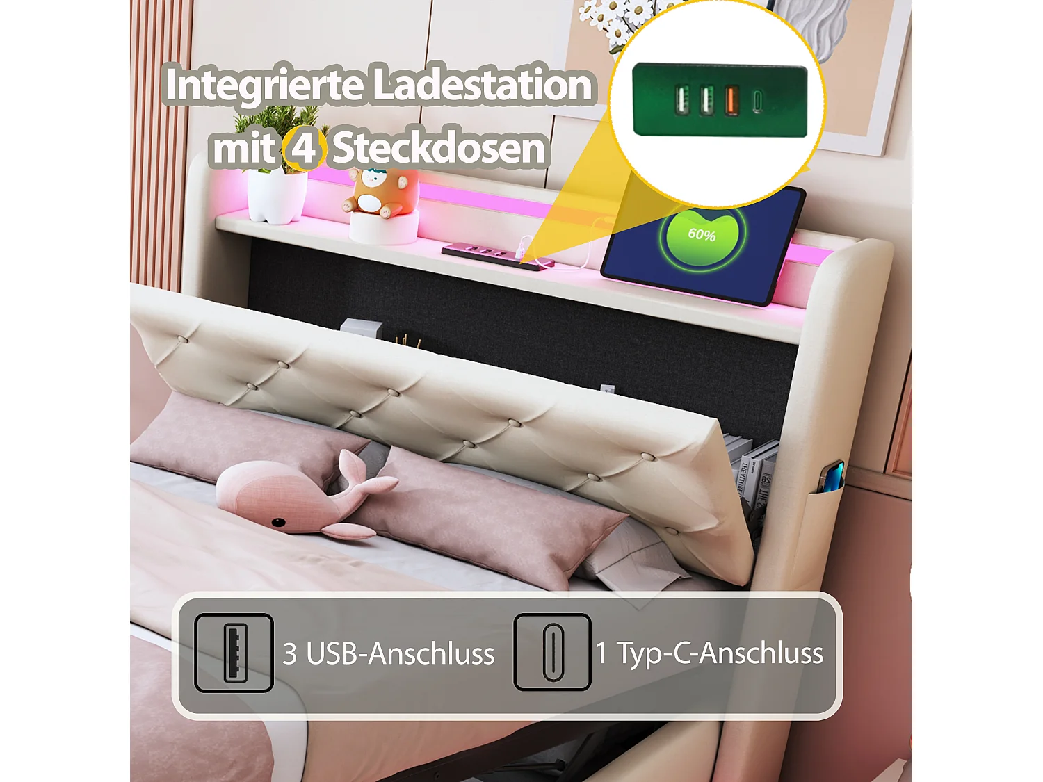 Lit coffre rembourré pour enfant  - 90 x 200 cm - avec Leds + USB + tête de lit pliablee - rangement hydraulique - tissu en lin - beige