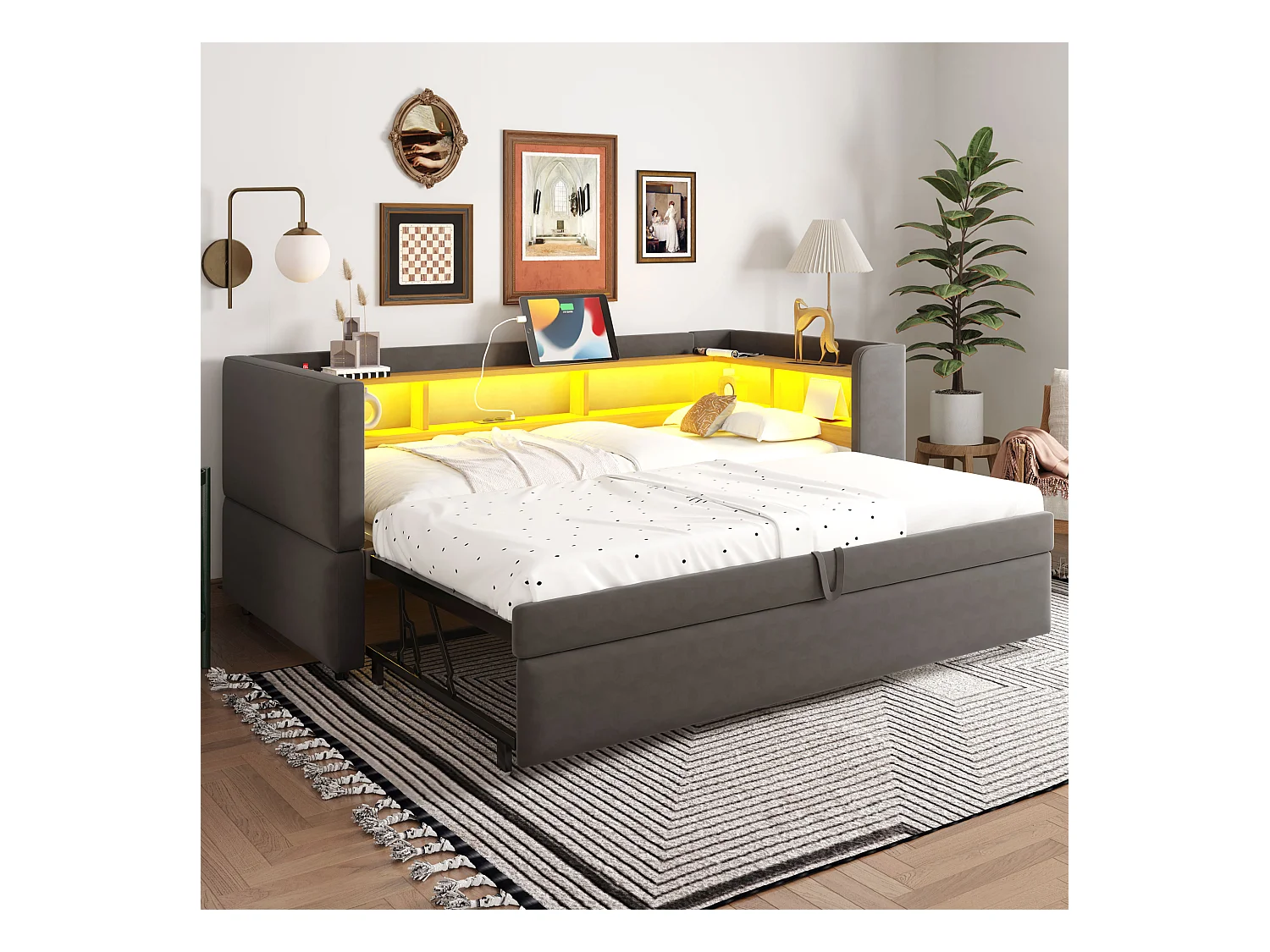 Canapé convertible - 2 x 90 x 190 cm - Rangements + Leds + prises de charge - Bois massif - Gris foncé