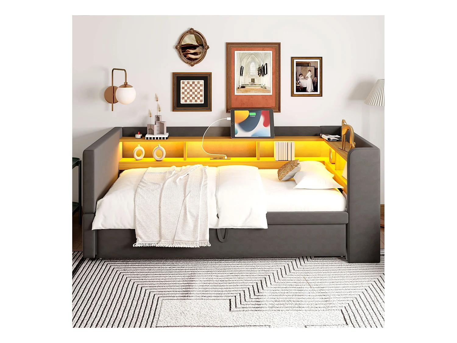 Canapé convertible - 2 x 90 x 190 cm - Rangements + Leds + prises de charge - Bois massif - Gris foncé