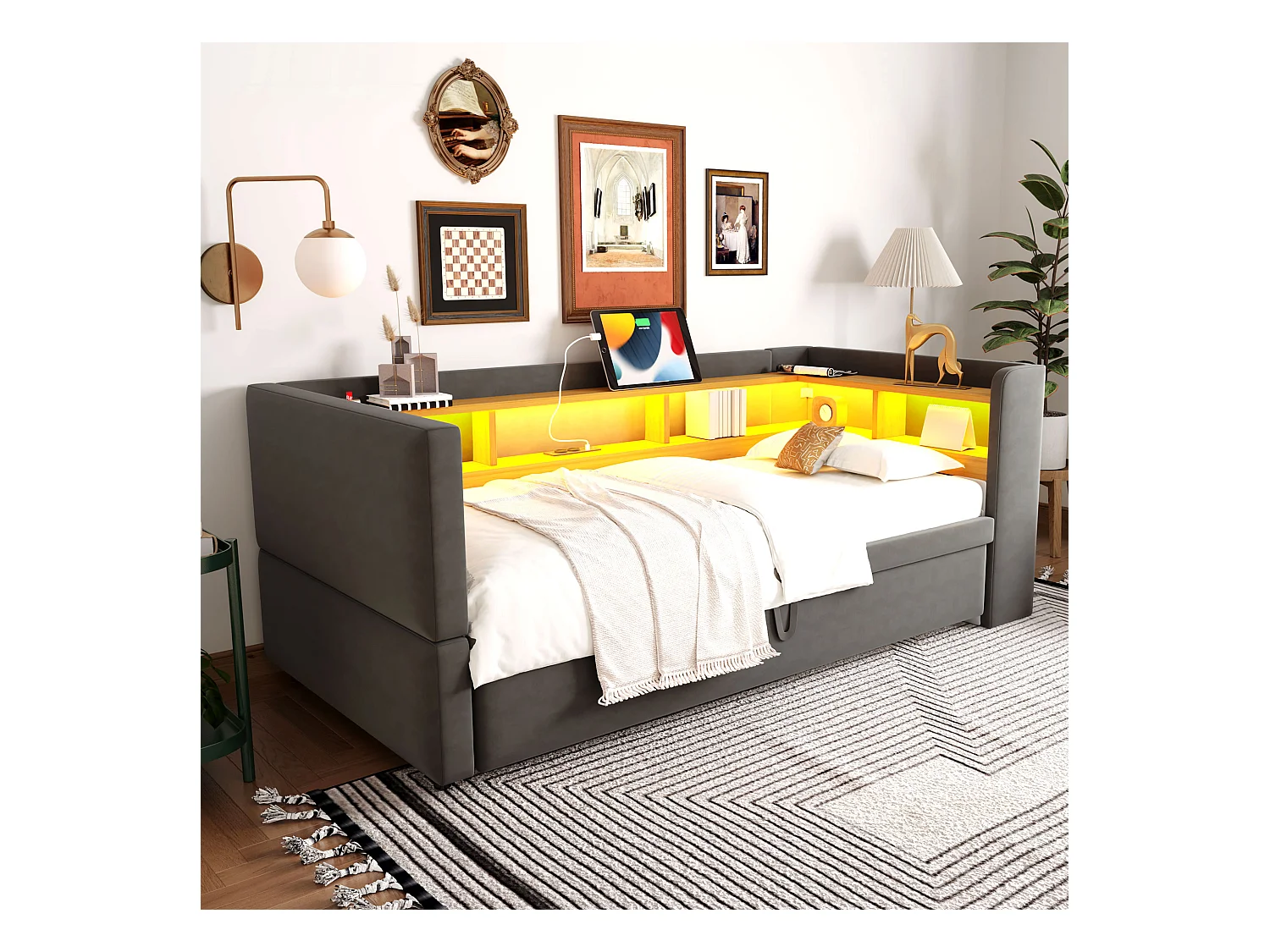 Canapé convertible - 2 x 90 x 190 cm - Rangements + Leds + prises de charge - Bois massif - Gris foncé