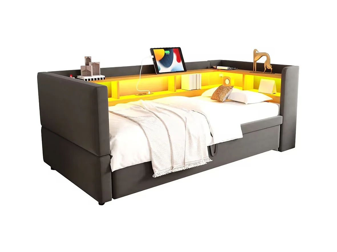 Canapé convertible - 2 x 90 x 190 cm - Rangements + Leds + prises de charge - Bois massif - Gris foncé