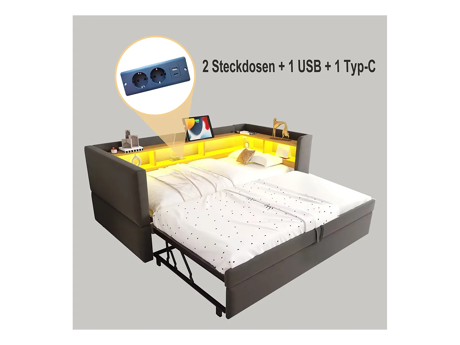 Canapé convertible - 2 x 90 x 190 cm - Rangements + Leds + prises de charge - Bois massif - Gris foncé