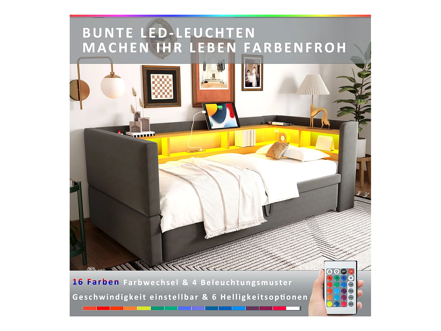 Canapé convertible - 2 x 90 x 190 cm - Rangements + Leds + prises de charge - Bois massif - Gris foncé