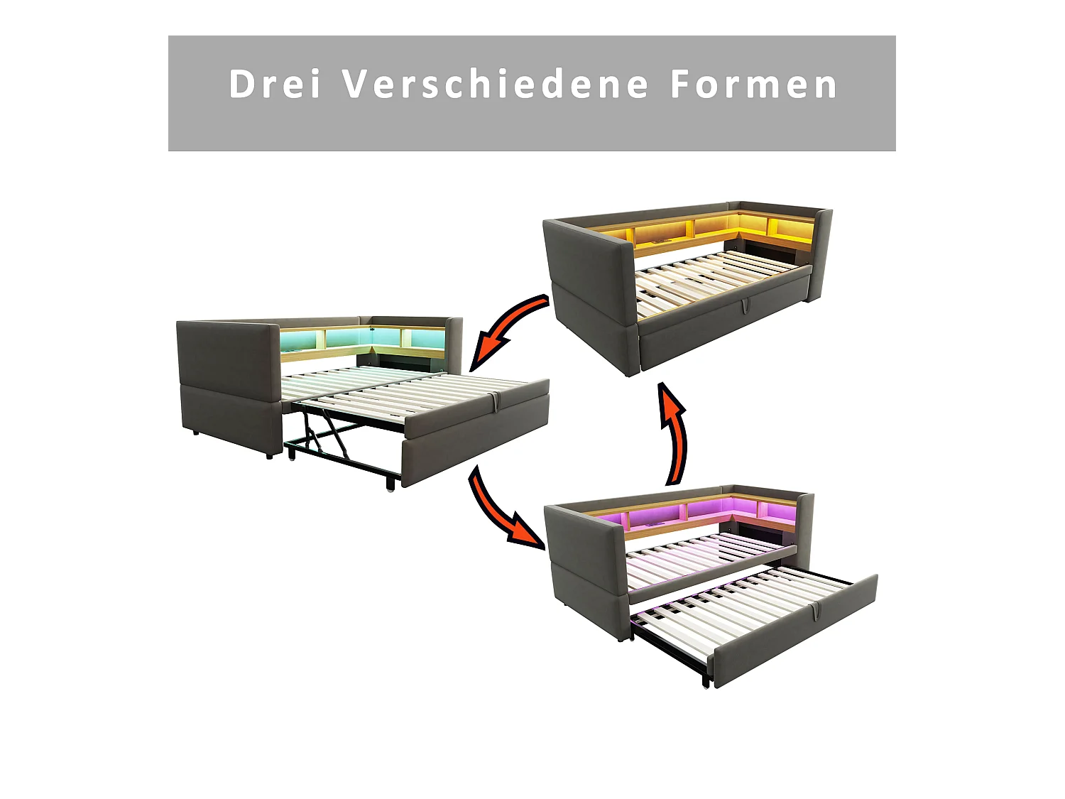 Canapé convertible - 2 x 90 x 190 cm - Rangements + Leds + prises de charge - Bois massif - Gris foncé