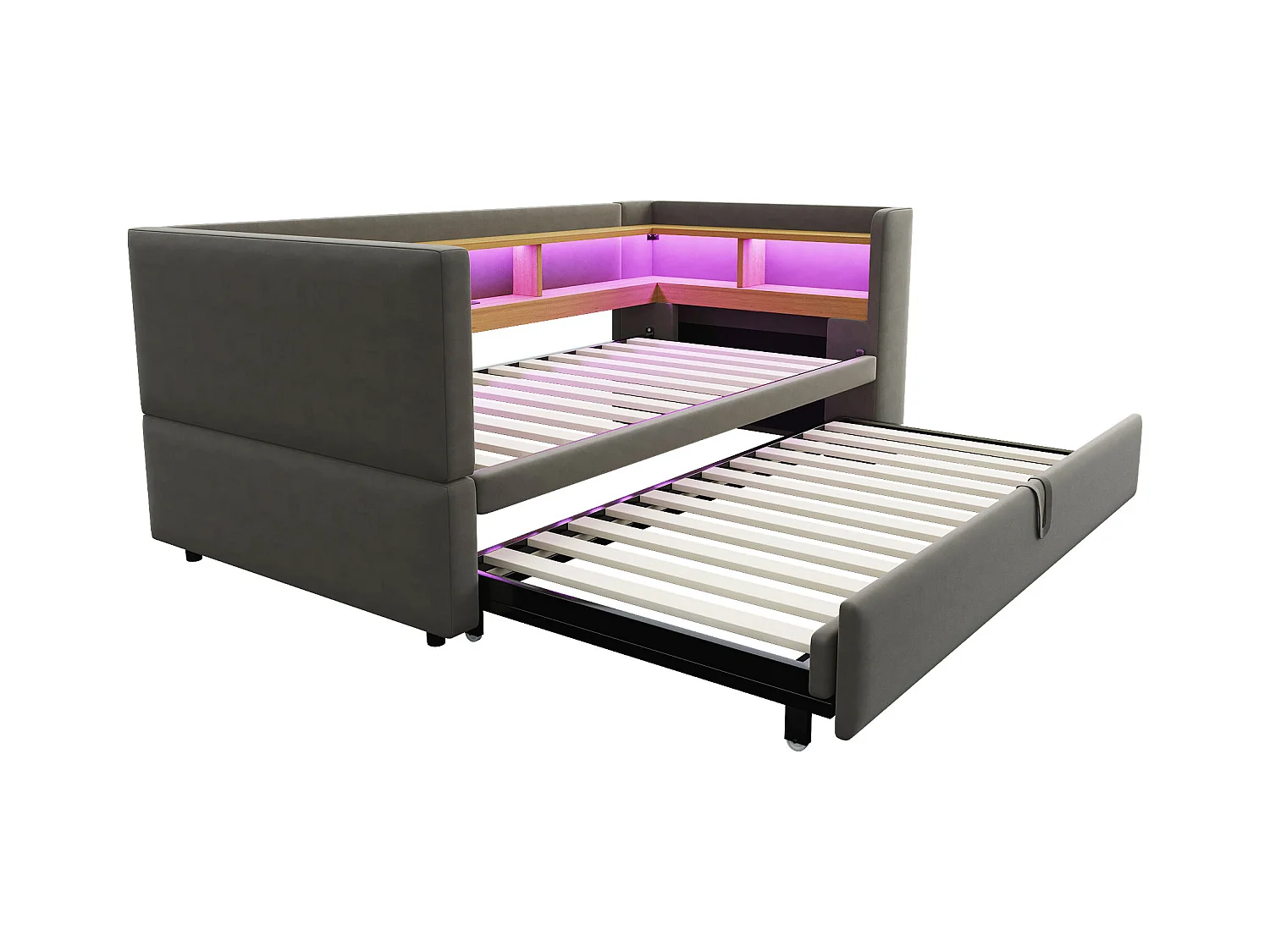 Canapé convertible - 2 x 90 x 190 cm - Rangements + Leds + prises de charge - Bois massif - Gris foncé