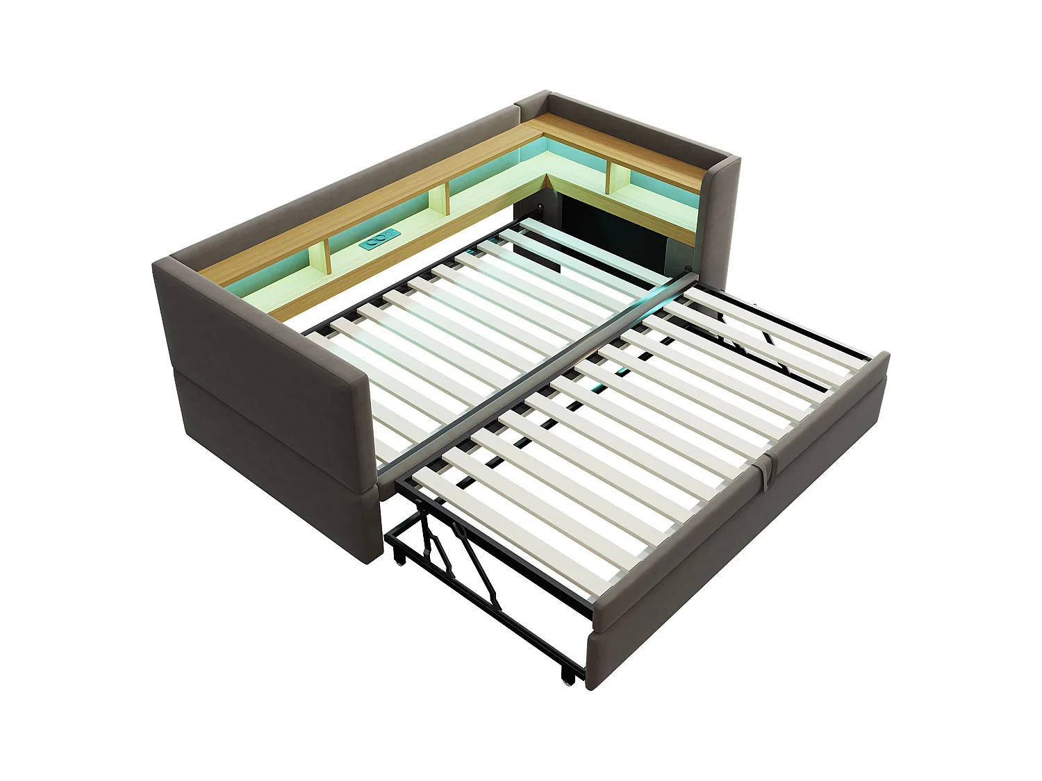 Canapé convertible - 2 x 90 x 190 cm - Rangements + Leds + prises de charge - Bois massif - Gris foncé