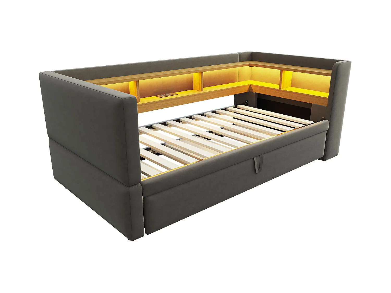 Canapé convertible - 2 x 90 x 190 cm - Rangements + Leds + prises de charge - Bois massif - Gris foncé