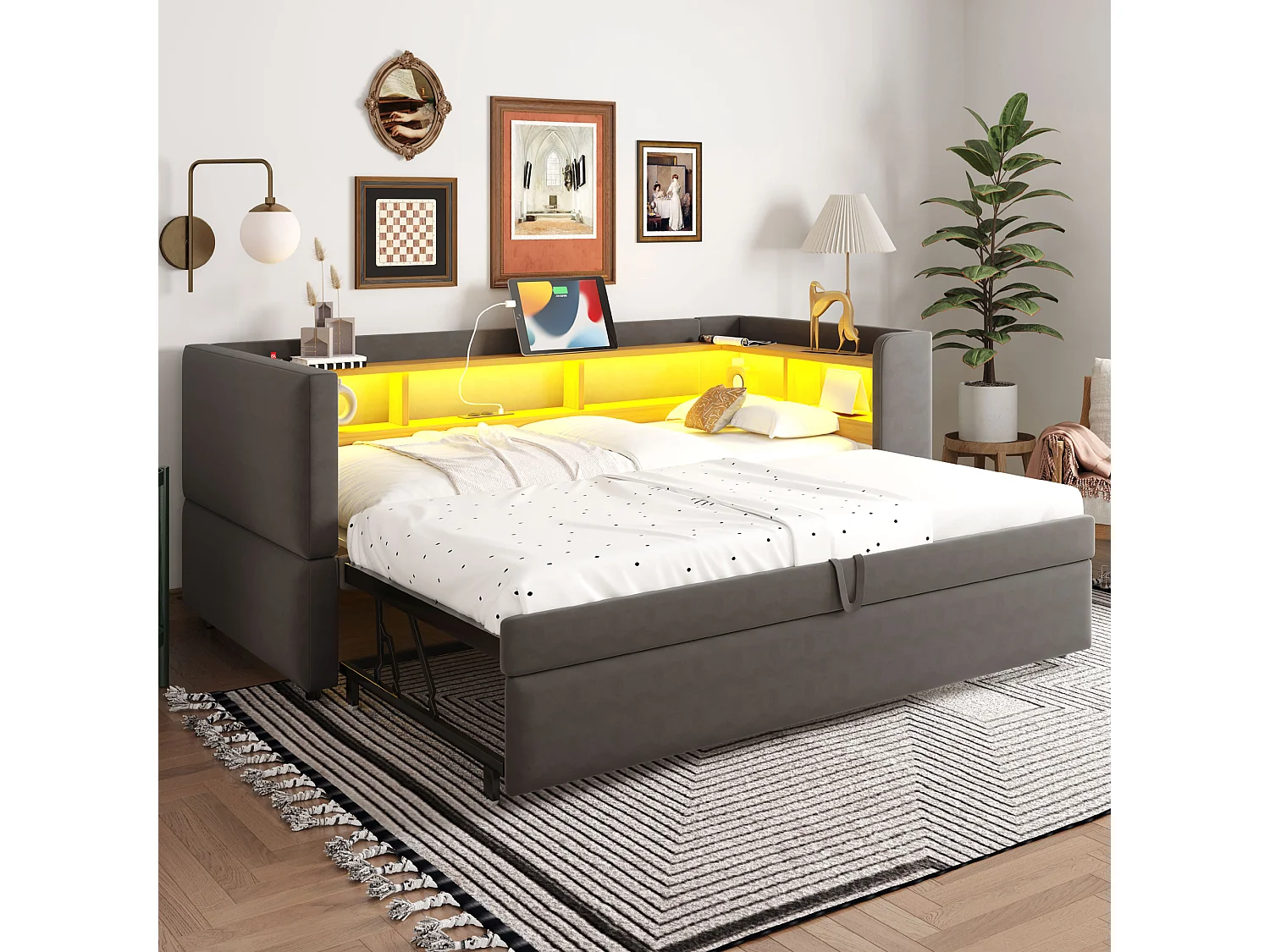 Sofa rozkładana - 2 x 90 x 190 cm - Schowek + diody LED + gniazda ładowania - Drewno lite - Ciemnoszary