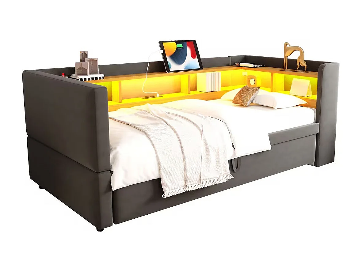 Sofa rozkładana - 2 x 90 x 190 cm - Schowek + diody LED + gniazda ładowania - Drewno lite - Ciemnoszary