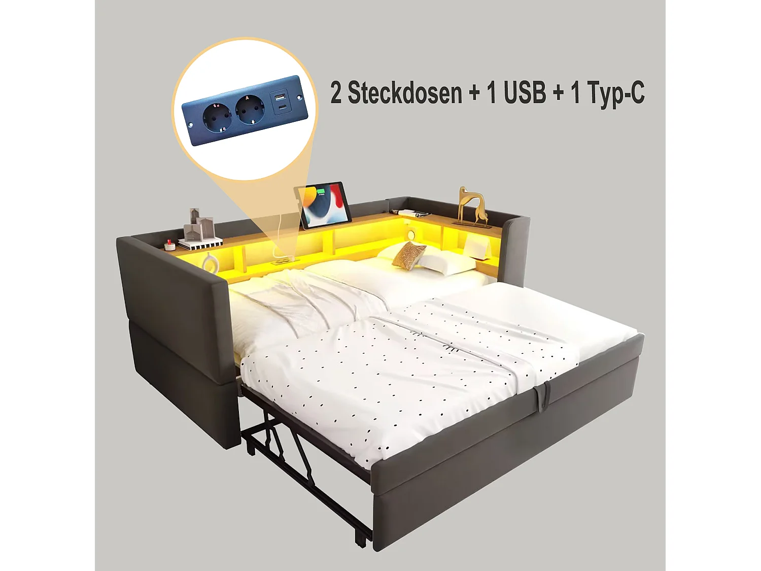 Sofa rozkładana - 2 x 90 x 190 cm - Schowek + diody LED + gniazda ładowania - Drewno lite - Ciemnoszary