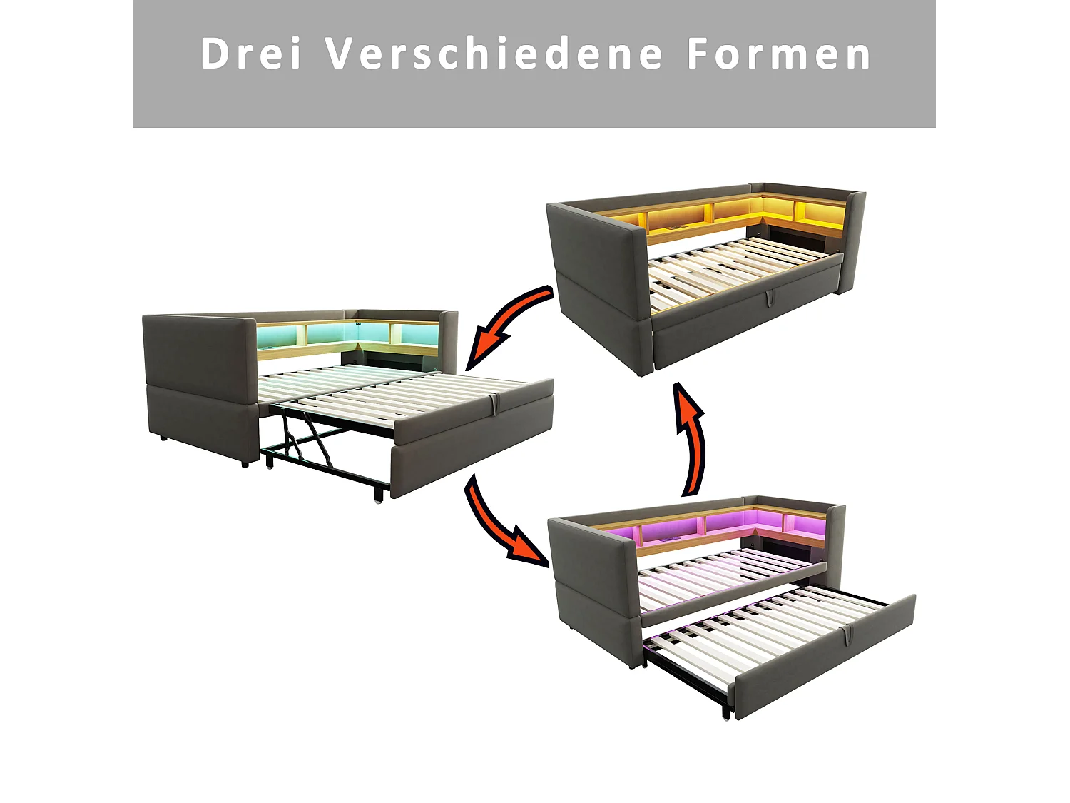 Sofa rozkładana - 2 x 90 x 190 cm - Schowek + diody LED + gniazda ładowania - Drewno lite - Ciemnoszary
