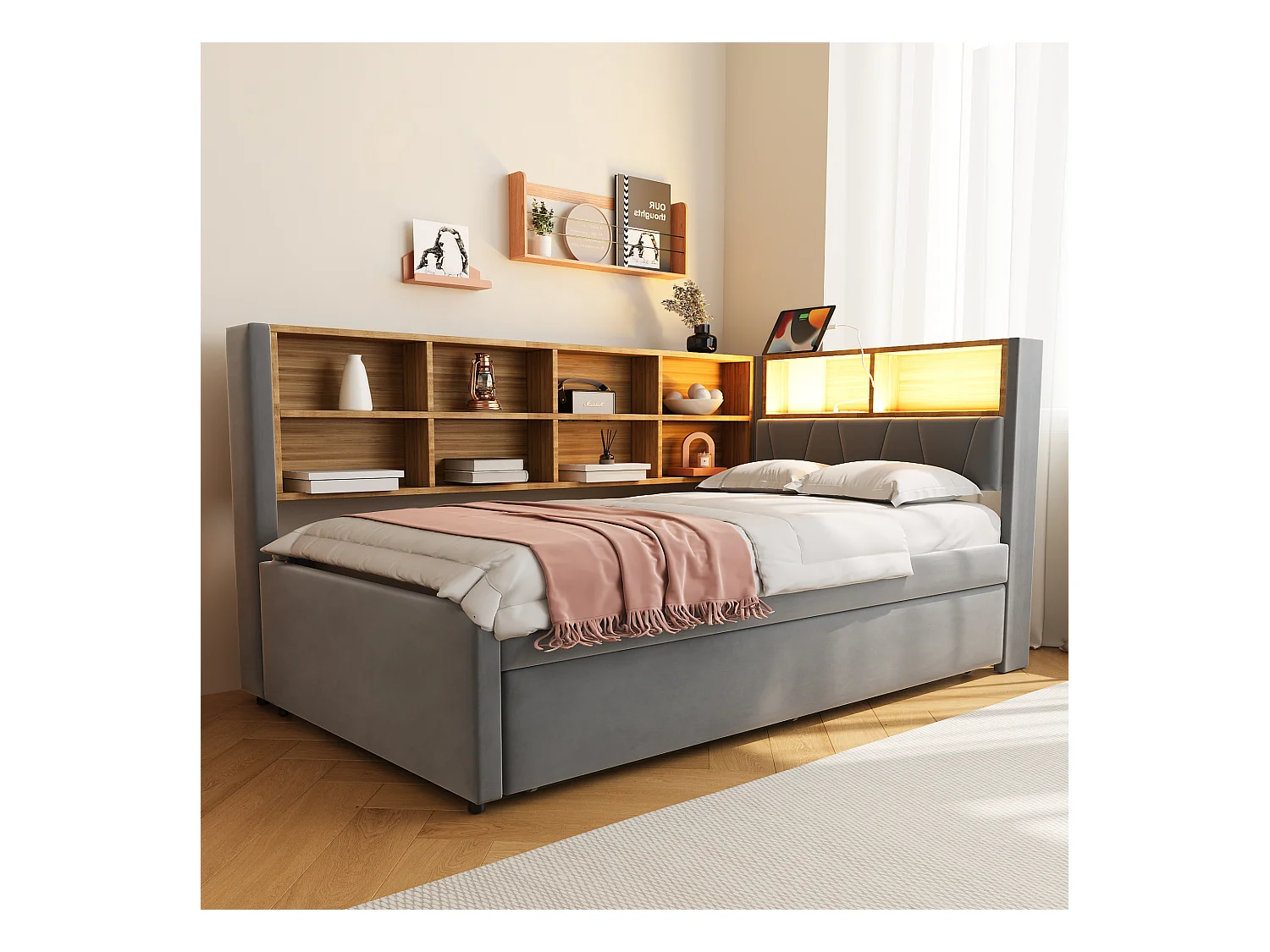 Sofá-cama estofado retrátil - 90 x 200 cm + 90 x 190 cm - LEDs e tomadas - com armazenamento - Flanela + Metal + Madeira compensada + MDF - cinza escuro