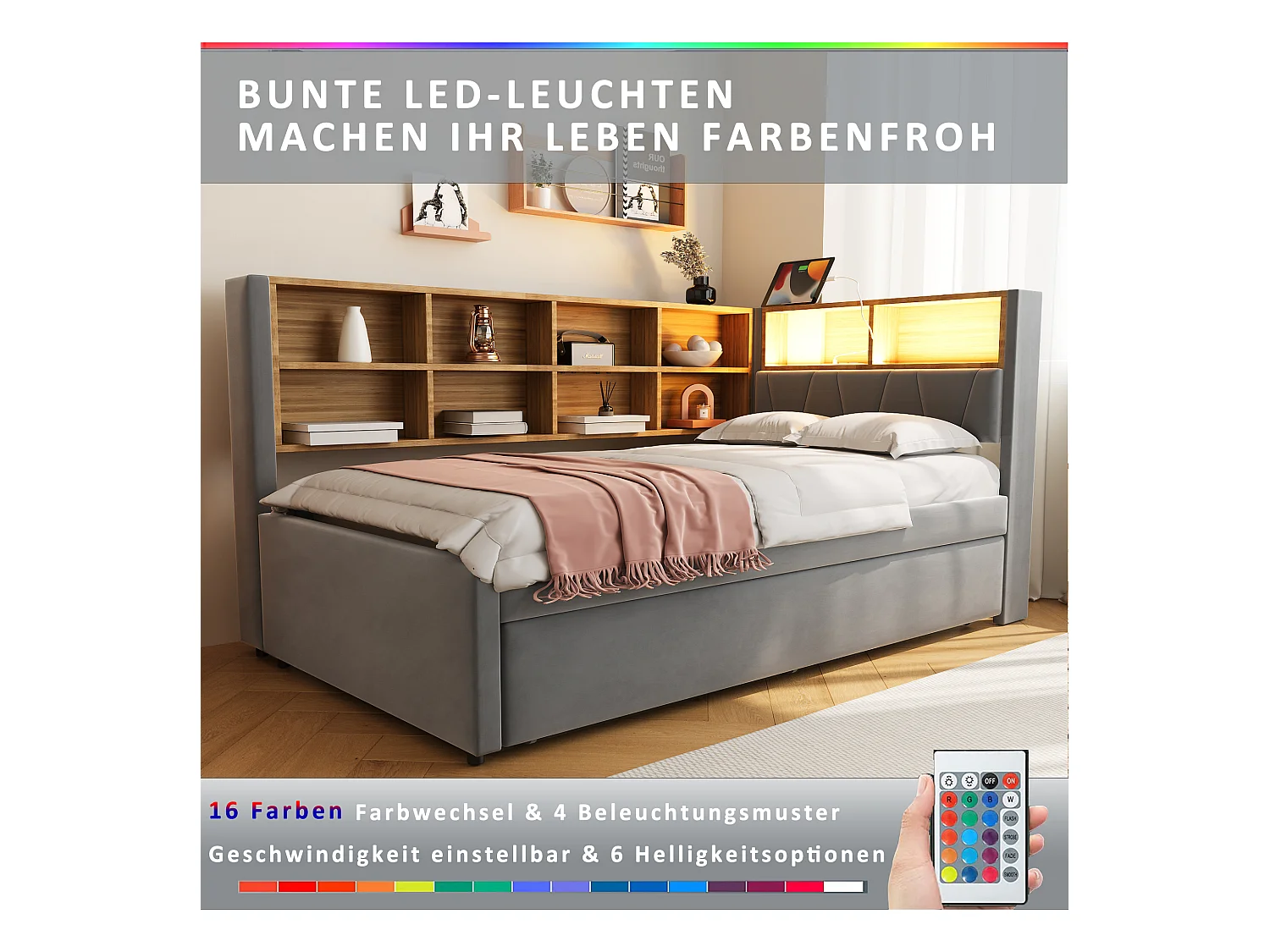 Sofá-cama estofado retrátil - 90 x 200 cm + 90 x 190 cm - LEDs e tomadas - com armazenamento - Flanela + Metal + Madeira compensada + MDF - cinza escuro