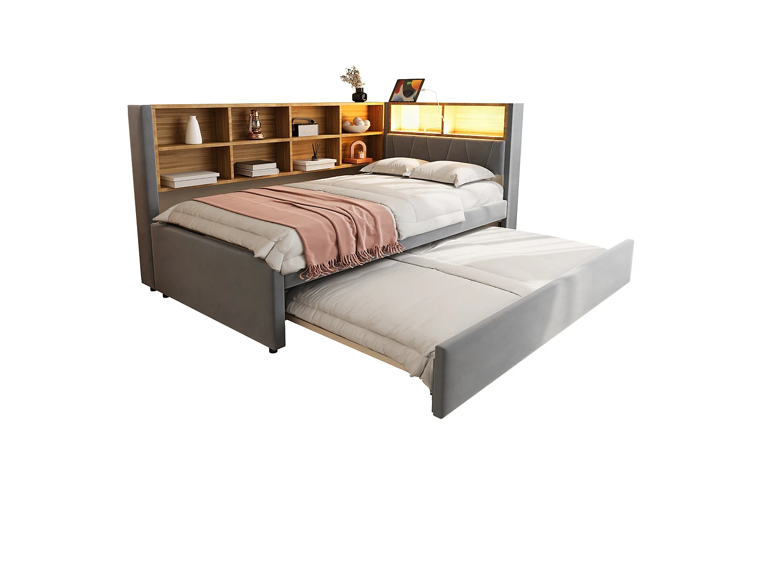 Sofá-cama estofado retrátil - 90 x 200 cm + 90 x 190 cm - LEDs e tomadas - com armazenamento - Flanela + Metal + Madeira compensada + MDF - cinza escuro