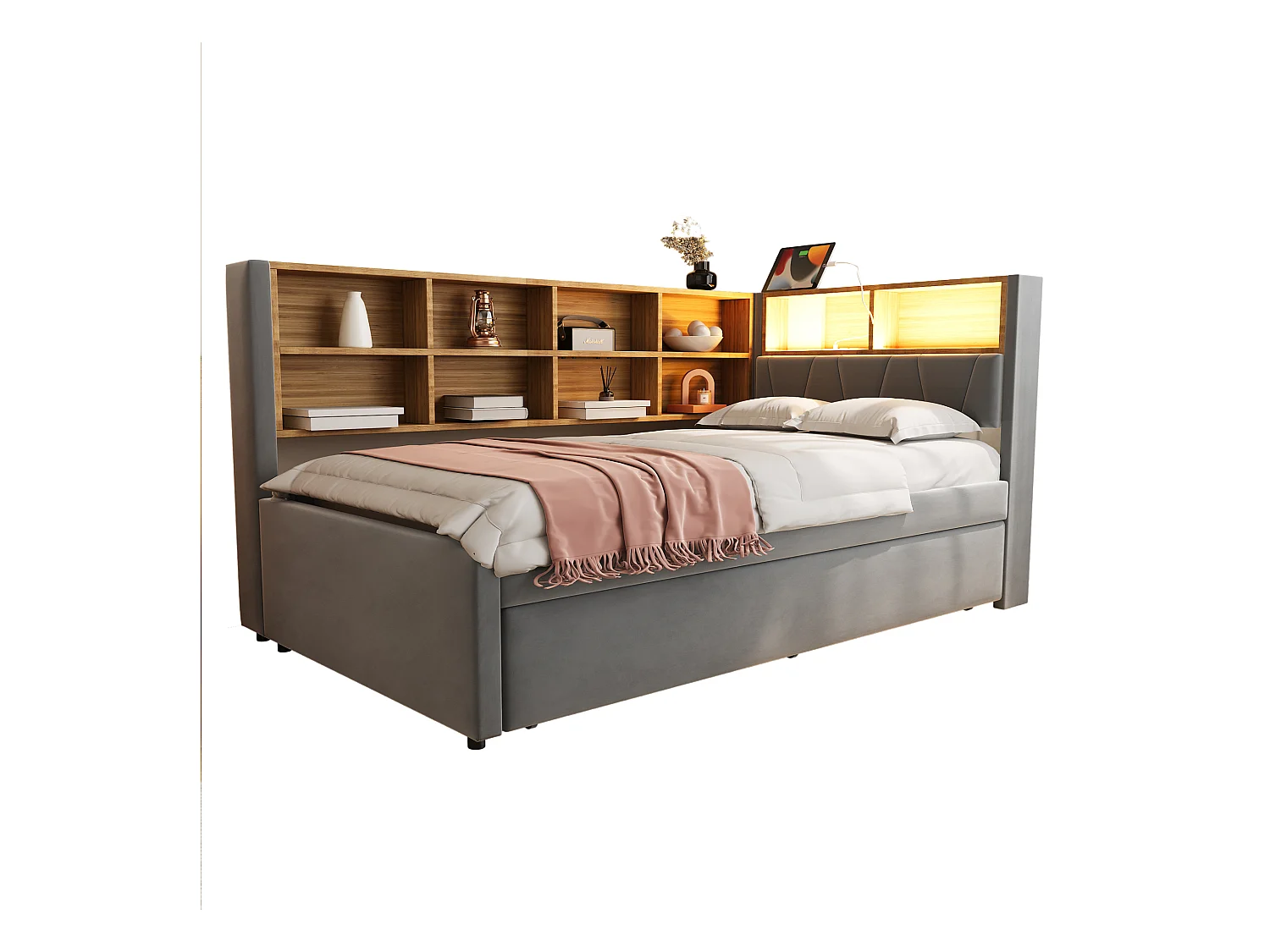 Sofá-cama estofado retrátil - 90 x 200 cm + 90 x 190 cm - LEDs e tomadas - com armazenamento - Flanela + Metal + Madeira compensada + MDF - cinza escuro
