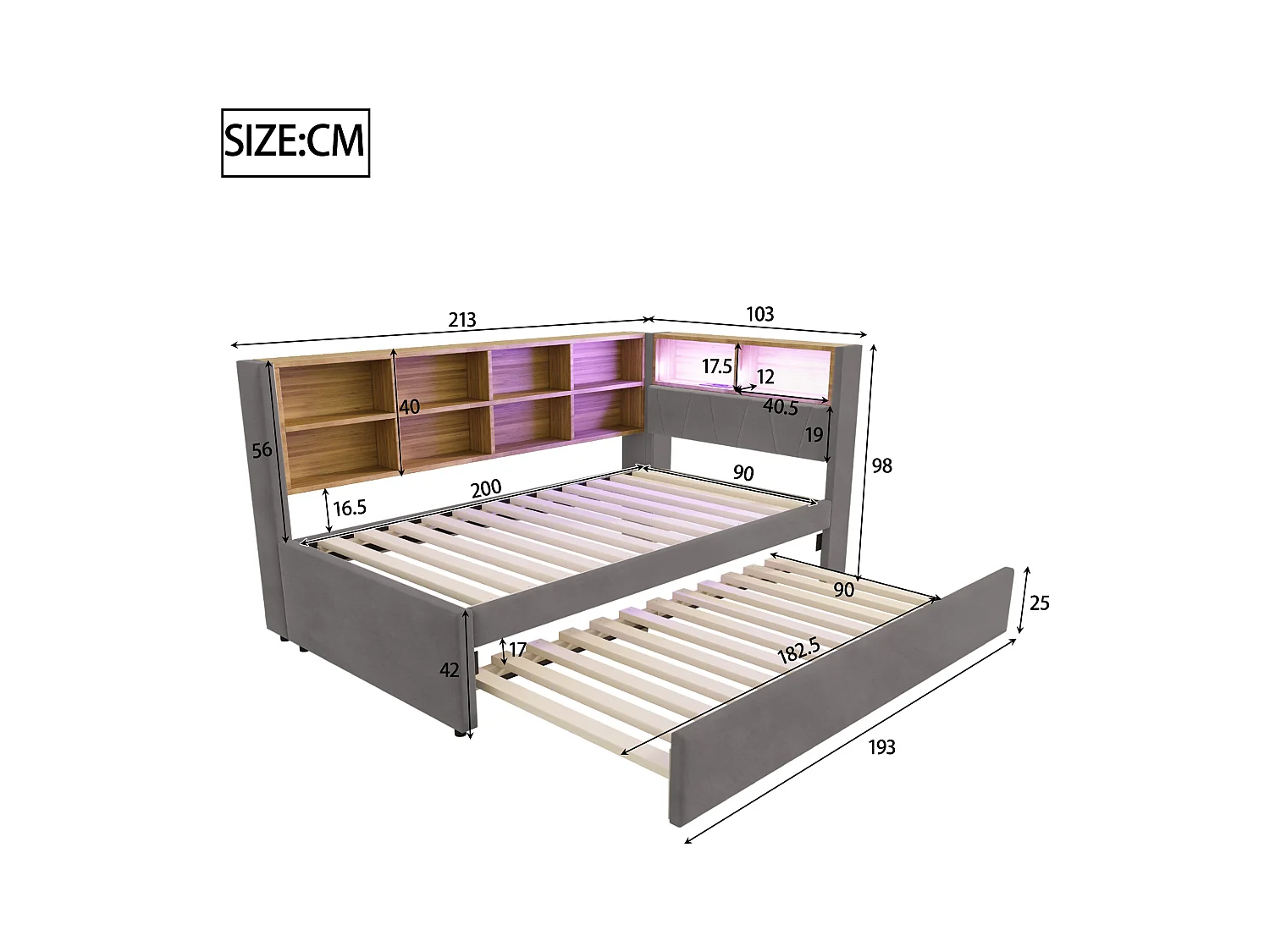 Sofá-cama estofado retrátil - 90 x 200 cm + 90 x 190 cm - LEDs e tomadas - com armazenamento - Flanela + Metal + Madeira compensada + MDF - cinza escuro