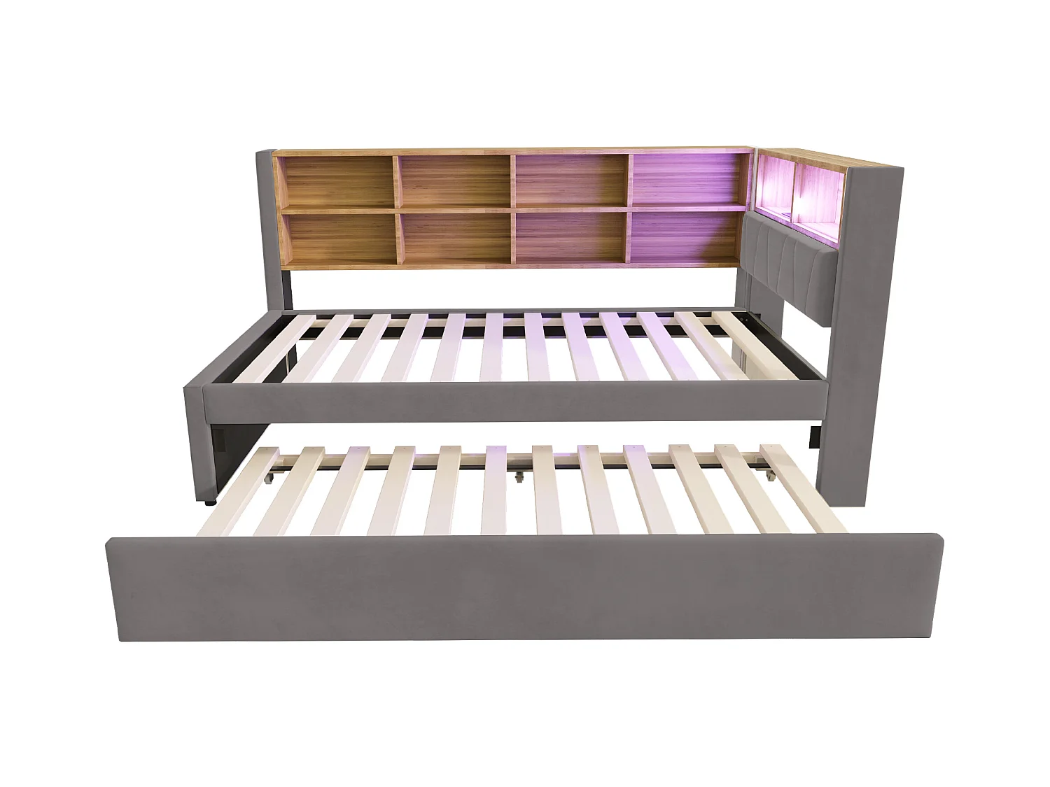 Sofá-cama estofado retrátil - 90 x 200 cm + 90 x 190 cm - LEDs e tomadas - com armazenamento - Flanela + Metal + Madeira compensada + MDF - cinza escuro