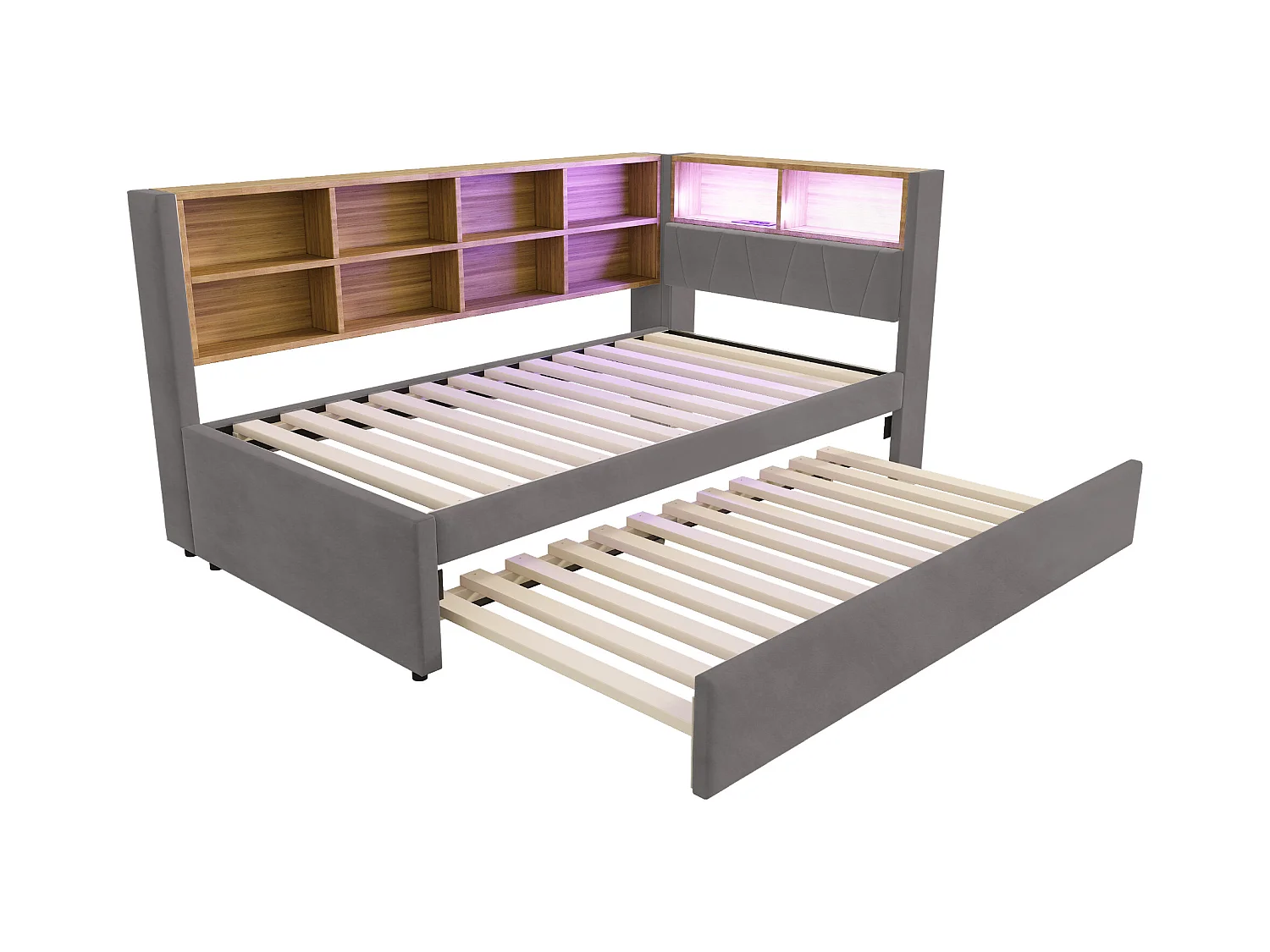 Sofá-cama estofado retrátil - 90 x 200 cm + 90 x 190 cm - LEDs e tomadas - com armazenamento - Flanela + Metal + Madeira compensada + MDF - cinza escuro