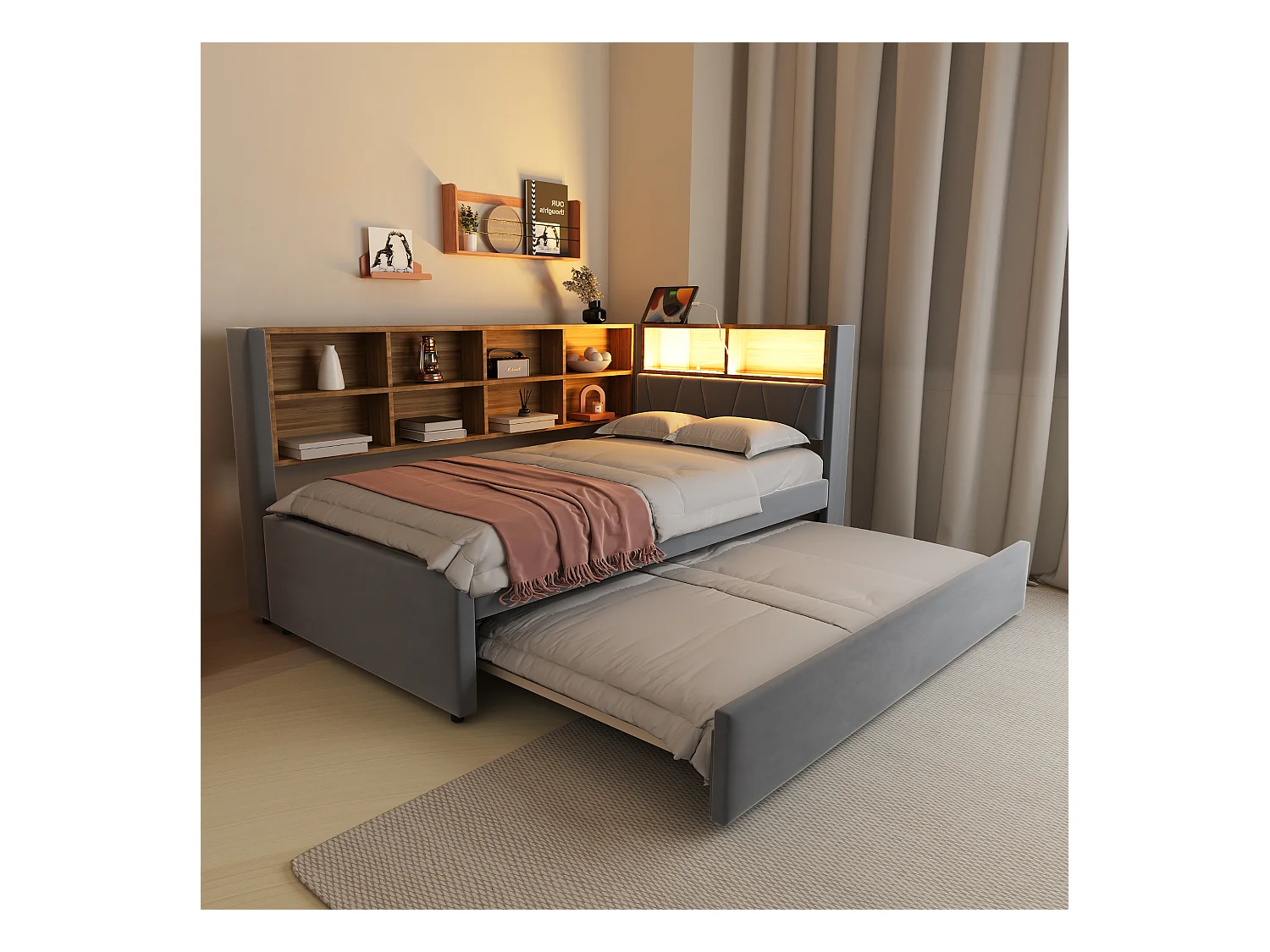 Gepolstertes Ausziehsofa - 90 x 200 cm + 90 x 190 cm - LEDs und Steckdosen - mit Stauraum - Flanell + Metall + Sperrholz + MDF - dunkelgrau