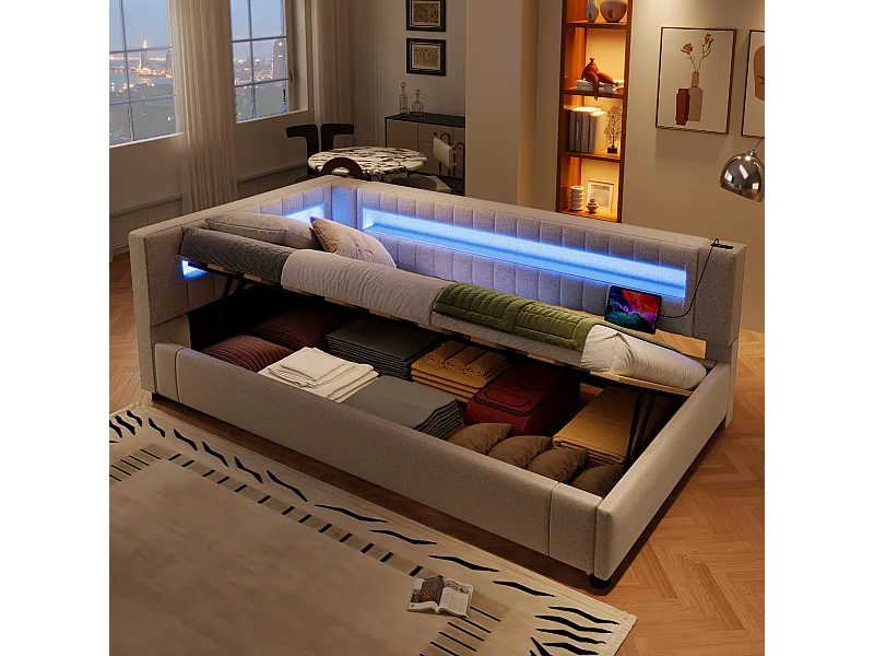 Cama con almacenaje tapizada - 90 x 200 cm - con LED + USB + Tipo-C + almacenaje hidráulico - lino + MDF - beige