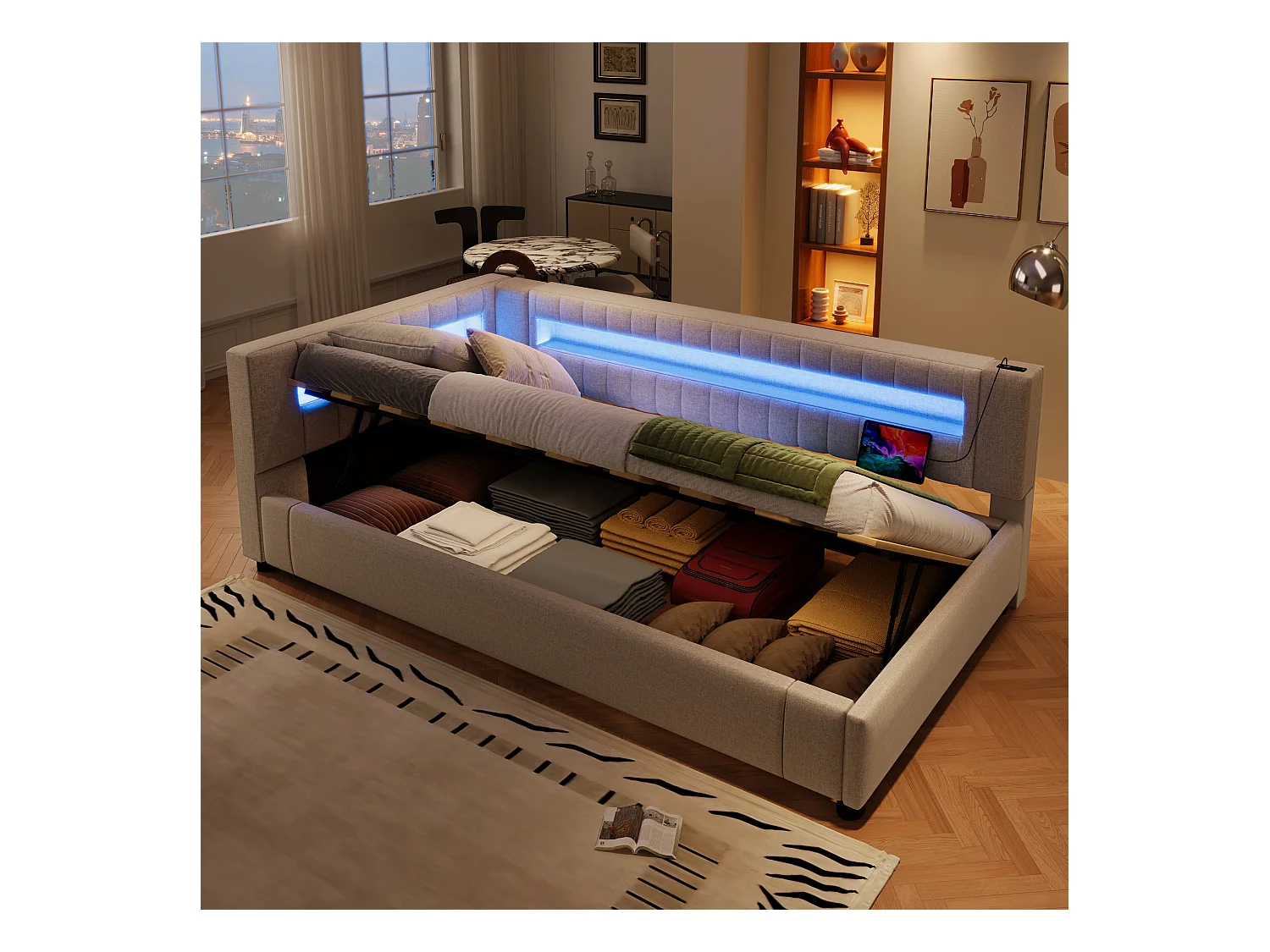 Cama con almacenaje tapizada - 90 x 200 cm - con LED + USB + Tipo-C + almacenaje hidráulico - lino + MDF - beige
