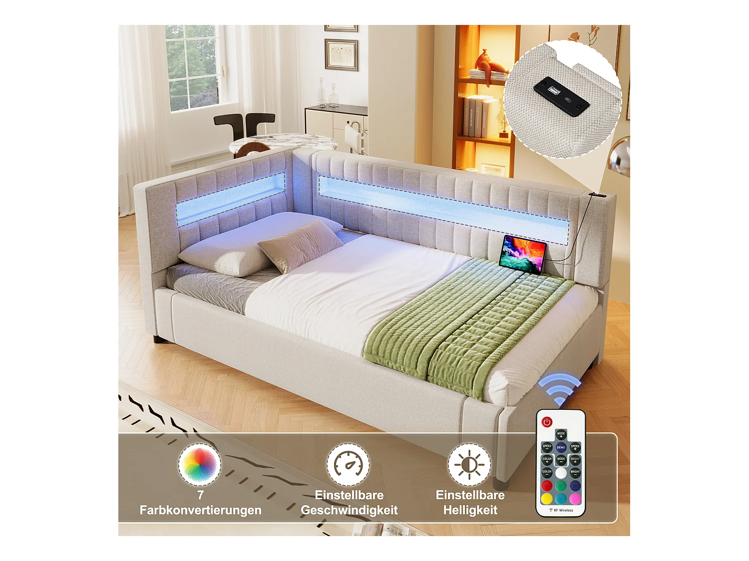 Cama con almacenaje tapizada - 90 x 200 cm - con LED + USB + Tipo-C + almacenaje hidráulico - lino + MDF - beige