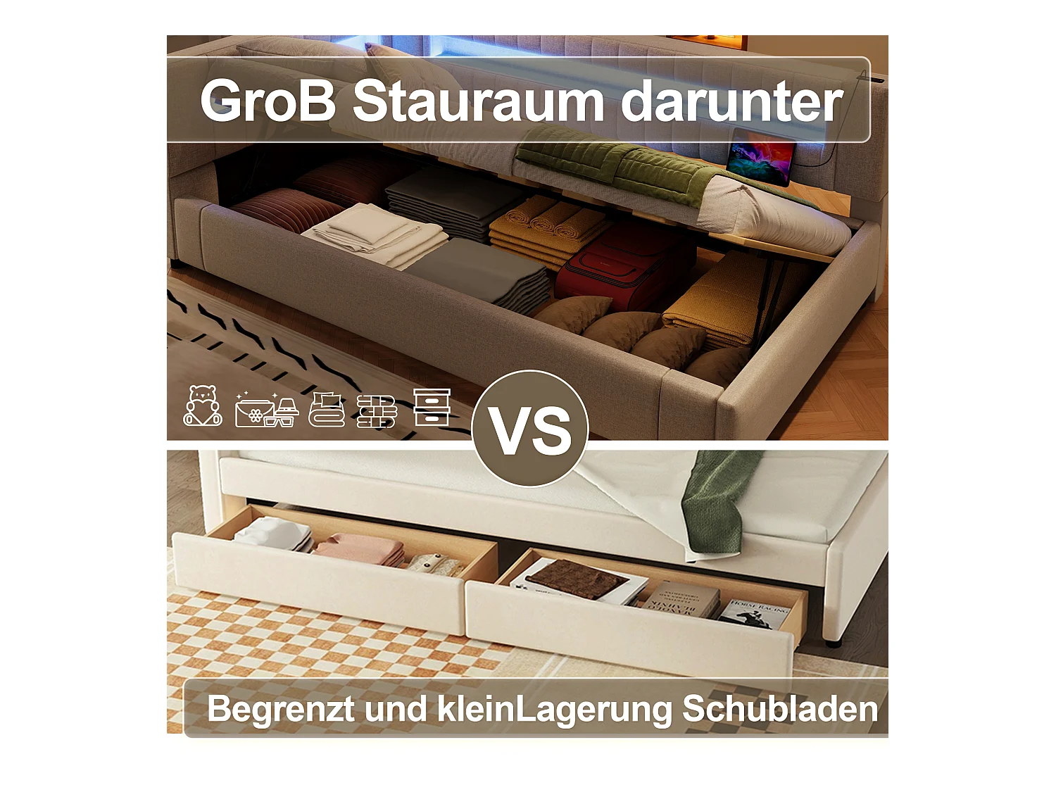 Cama con almacenaje tapizada - 90 x 200 cm - con LED + USB + Tipo-C + almacenaje hidráulico - lino + MDF - beige