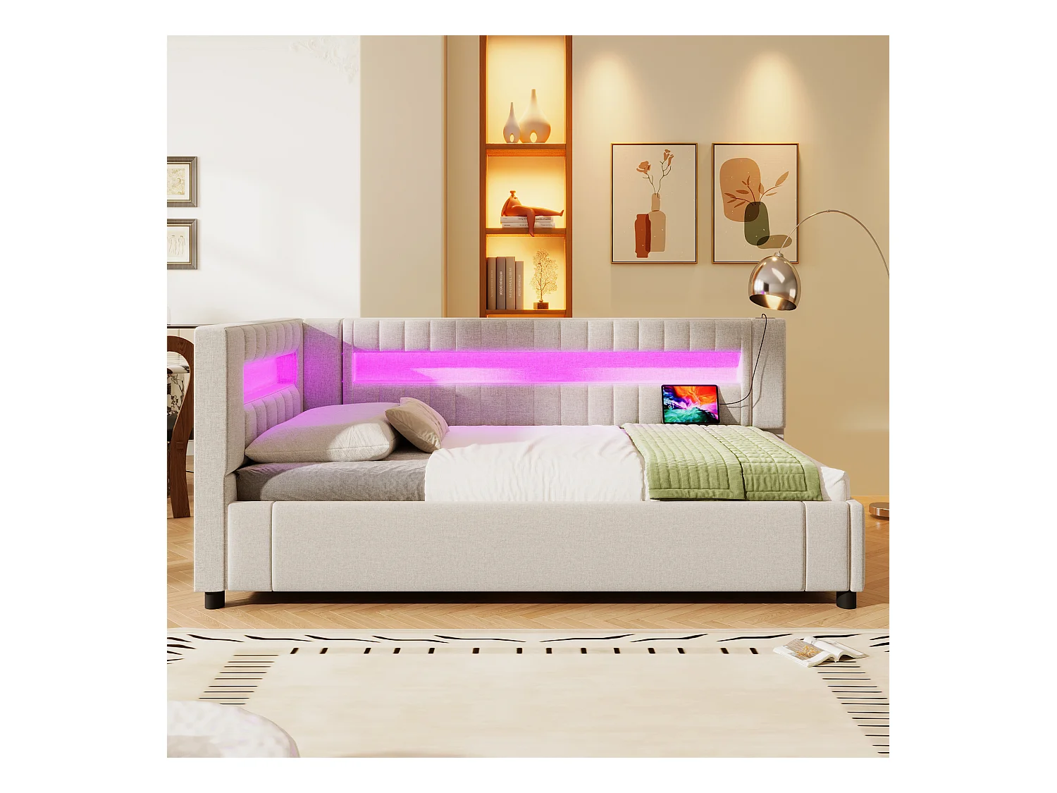 Cama con almacenaje tapizada - 90 x 200 cm - con LED + USB + Tipo-C + almacenaje hidráulico - lino + MDF - beige