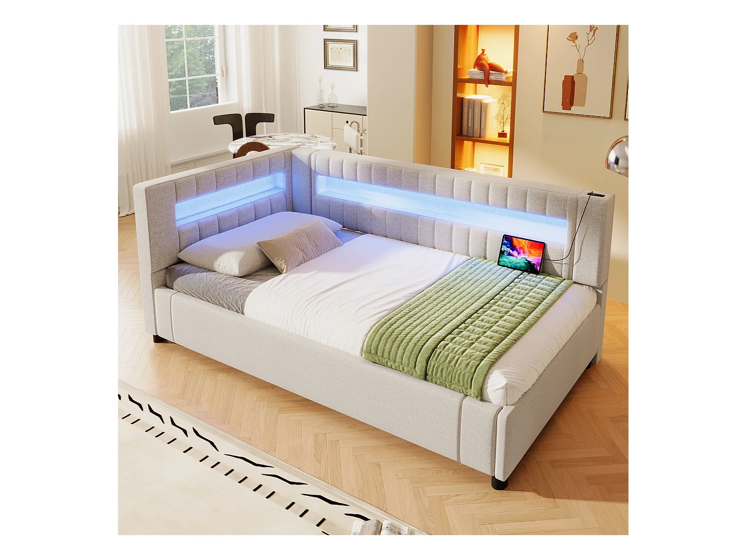 Cama con almacenaje tapizada - 90 x 200 cm - con LED + USB + Tipo-C + almacenaje hidráulico - lino + MDF - beige