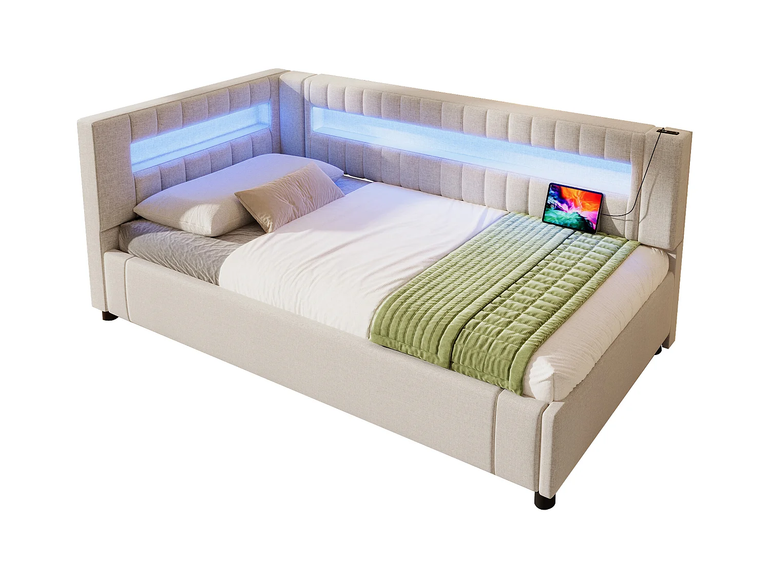 Cama con almacenaje tapizada - 90 x 200 cm - con LED + USB + Tipo-C + almacenaje hidráulico - lino + MDF - beige