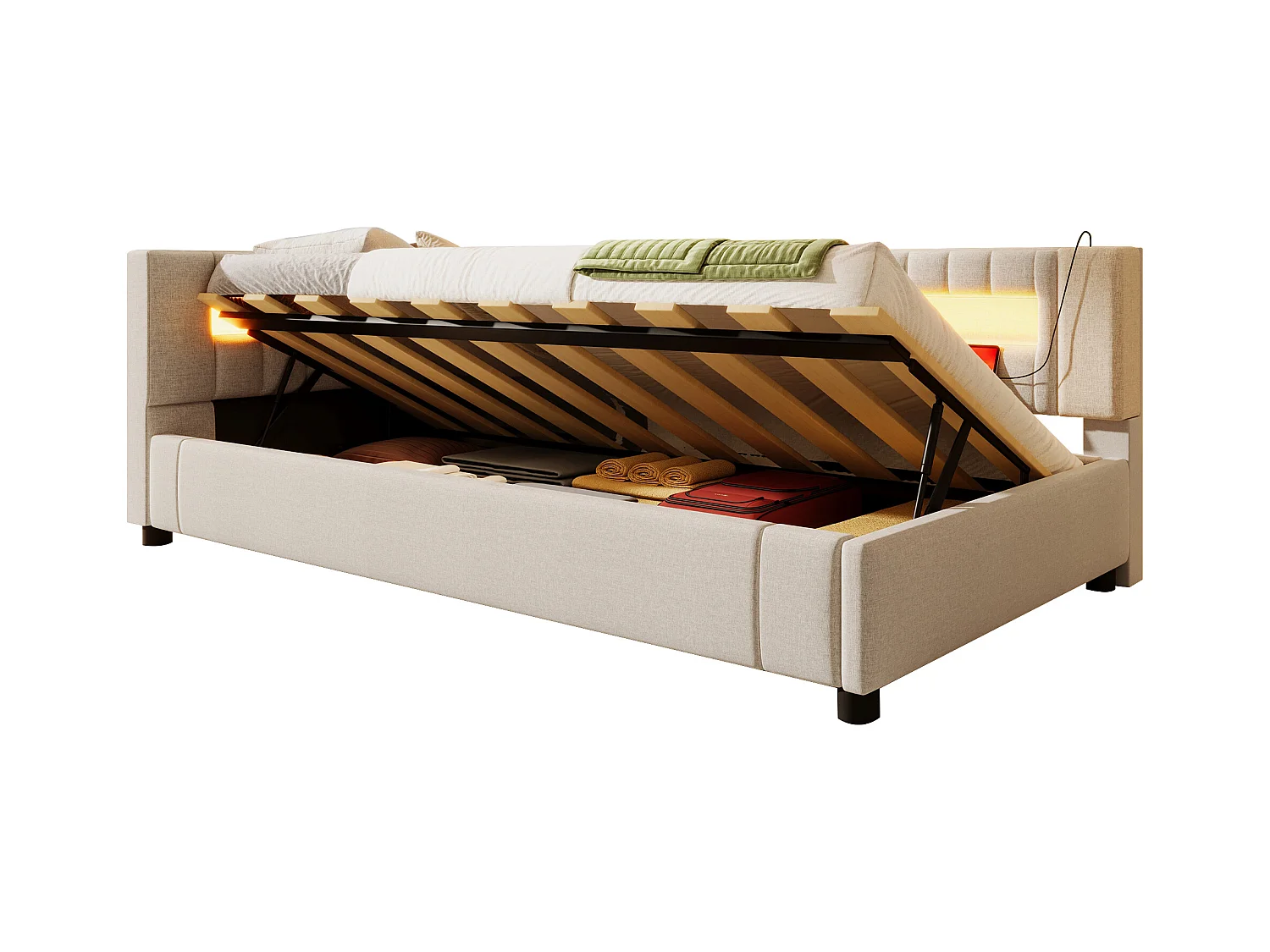 Cama con almacenaje tapizada - 90 x 200 cm - con LED + USB + Tipo-C + almacenaje hidráulico - lino + MDF - beige
