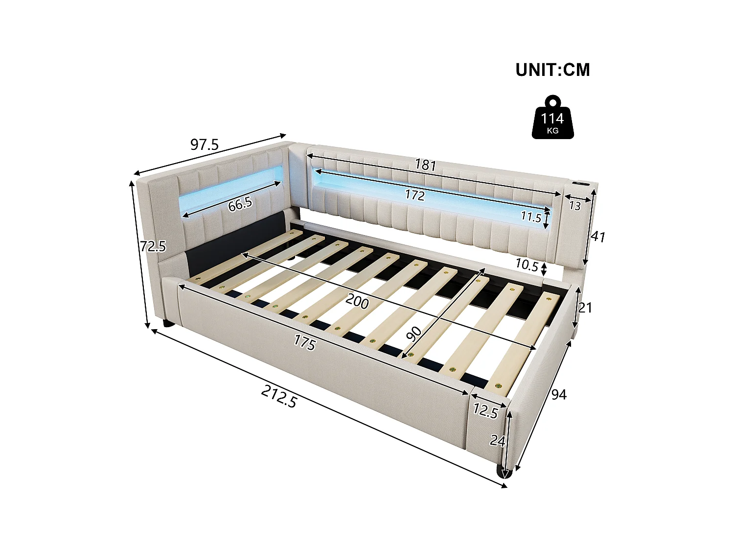 Cama con almacenaje tapizada - 90 x 200 cm - con LED + USB + Tipo-C + almacenaje hidráulico - lino + MDF - beige