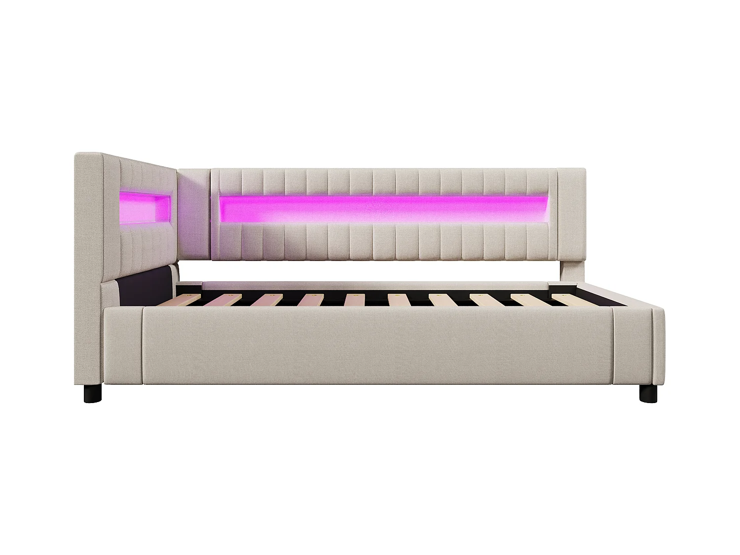 Cama con almacenaje tapizada - 90 x 200 cm - con LED + USB + Tipo-C + almacenaje hidráulico - lino + MDF - beige