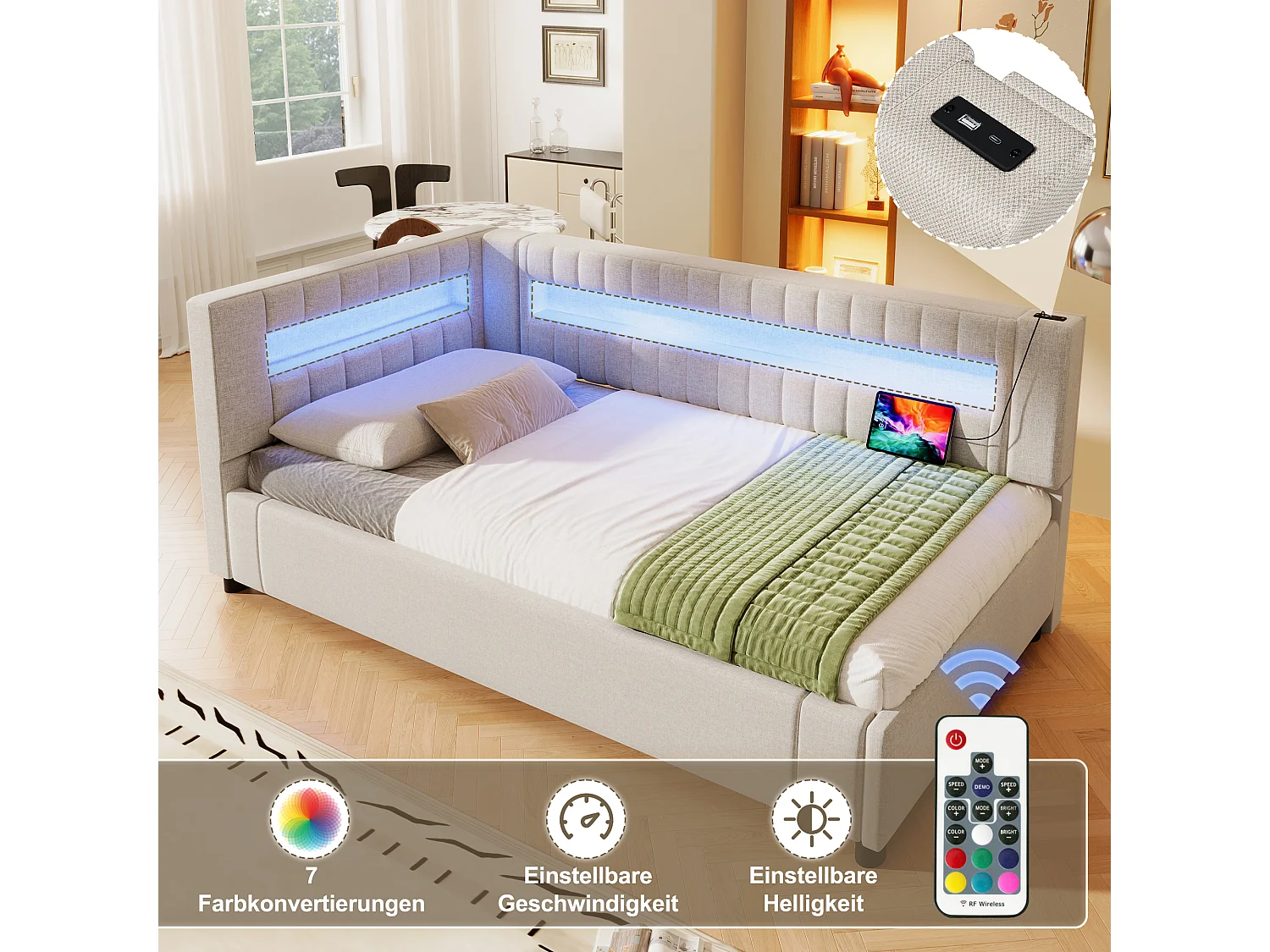 Lit coffre rembourré - 90 x 200 cm - avec Leds + USB + Type-C + hydraulique rangement - lin + MDF - beige