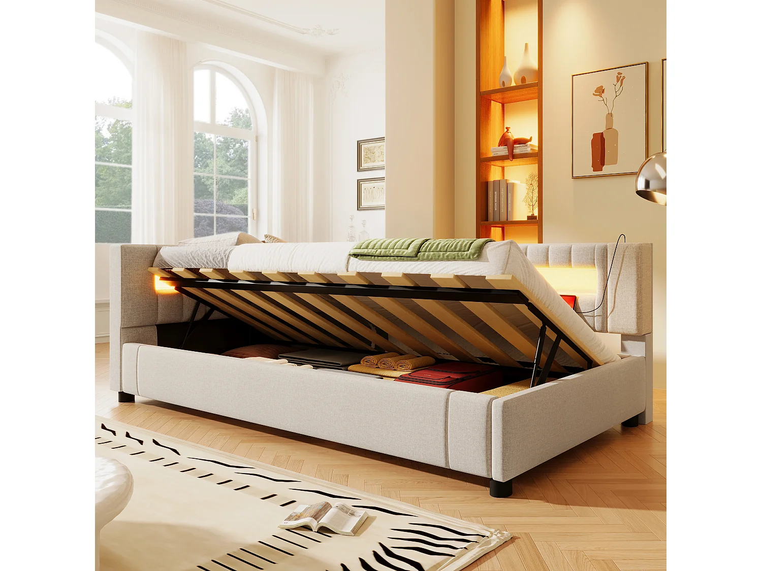 Lit coffre rembourré - 90 x 200 cm - avec Leds + USB + Type-C + hydraulique rangement - lin + MDF - beige