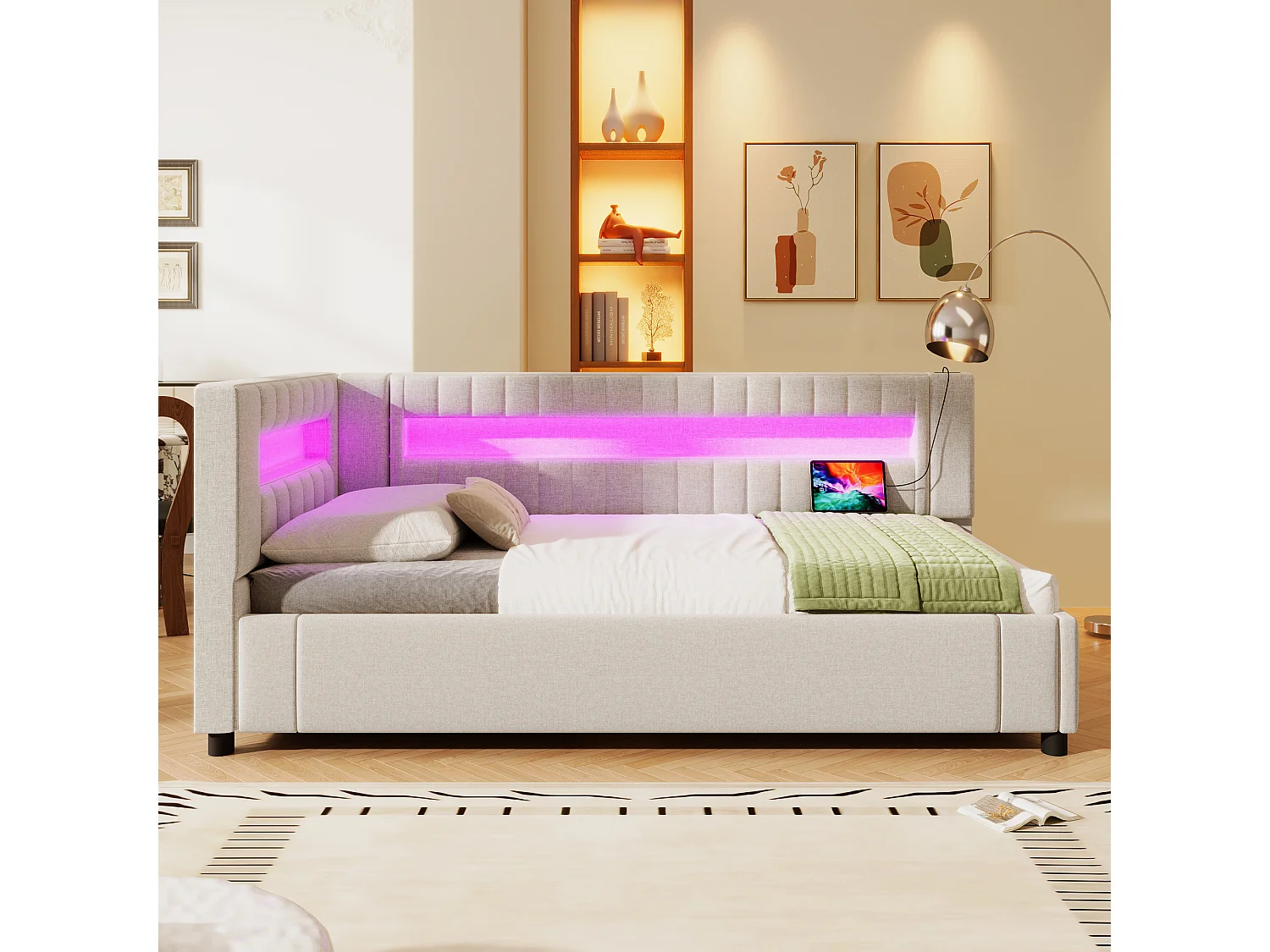 Lit coffre rembourré - 90 x 200 cm - avec Leds + USB + Type-C + hydraulique rangement - lin + MDF - beige