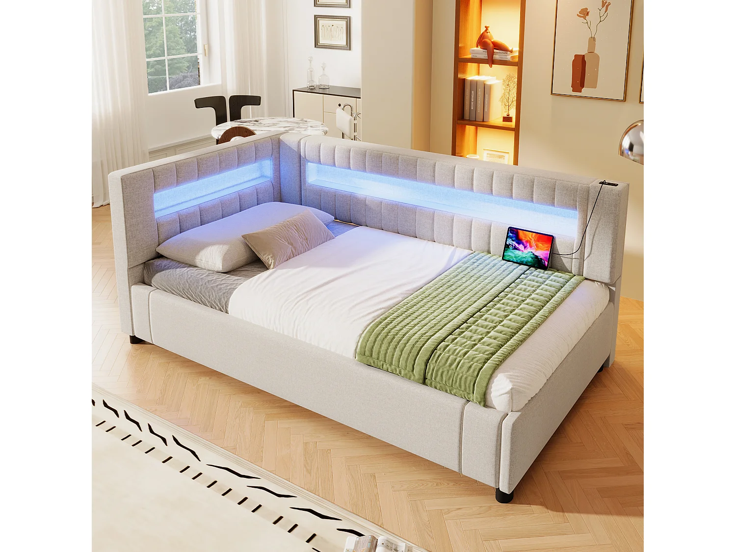 Lit coffre rembourré - 90 x 200 cm - avec Leds + USB + Type-C + hydraulique rangement - lin + MDF - beige