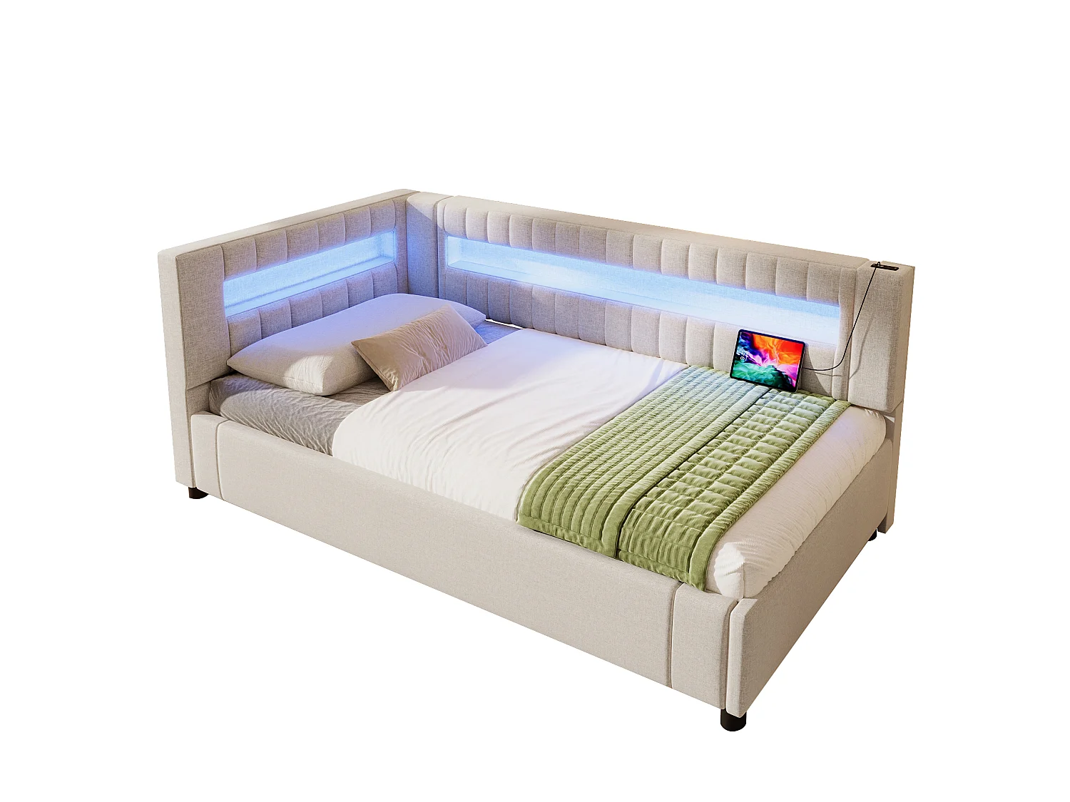 Lit coffre rembourré - 90 x 200 cm - avec Leds + USB + Type-C + hydraulique rangement - lin + MDF - beige