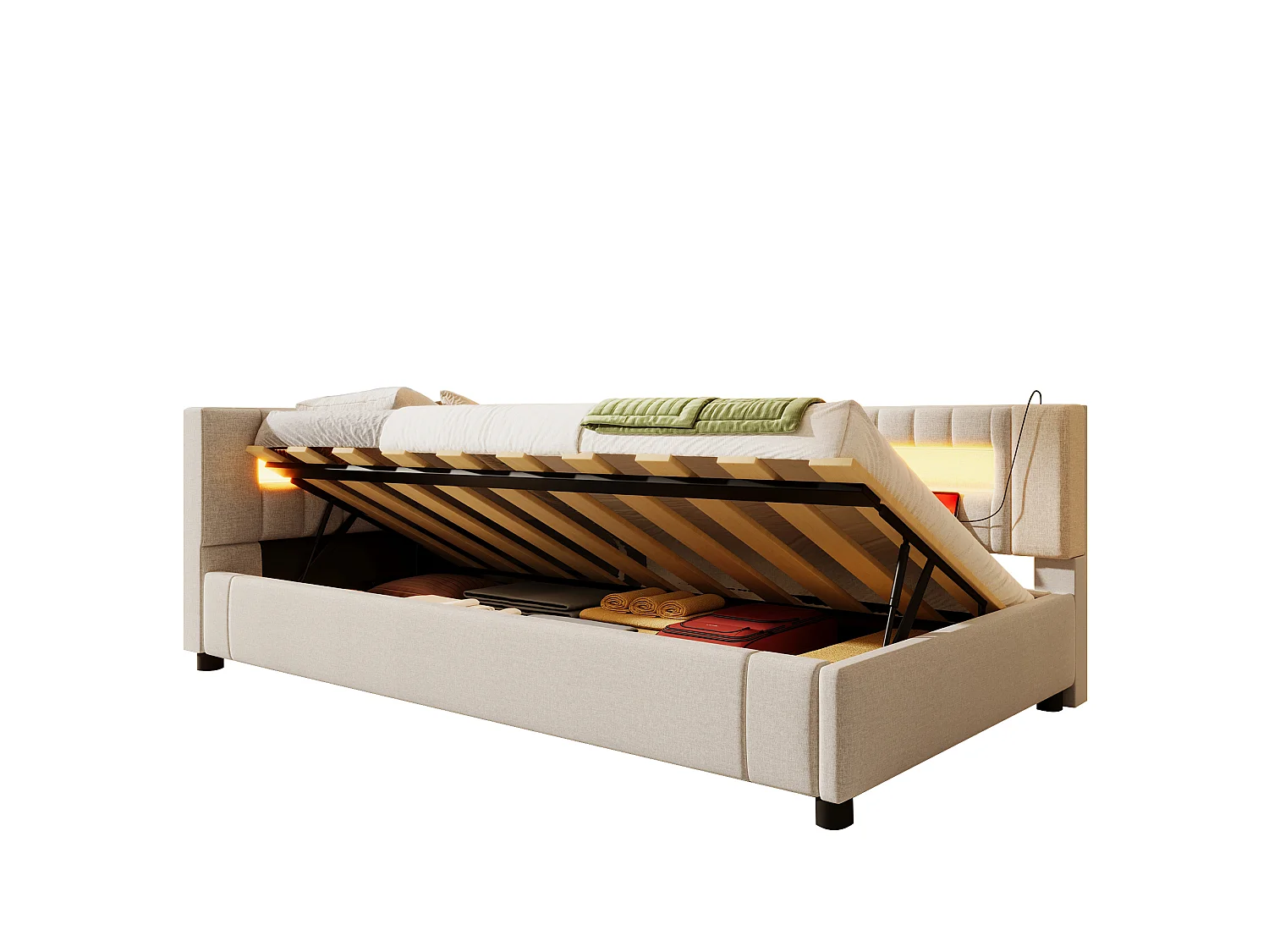 Lit coffre rembourré - 90 x 200 cm - avec Leds + USB + Type-C + hydraulique rangement - lin + MDF - beige