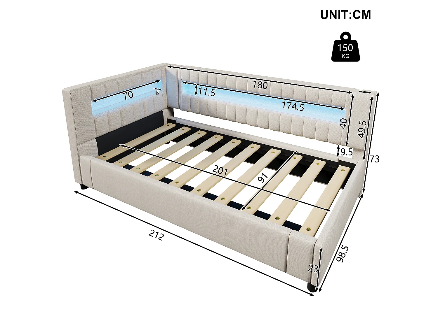 Lit coffre rembourré - 90 x 200 cm - avec Leds + USB + Type-C + hydraulique rangement - lin + MDF - beige