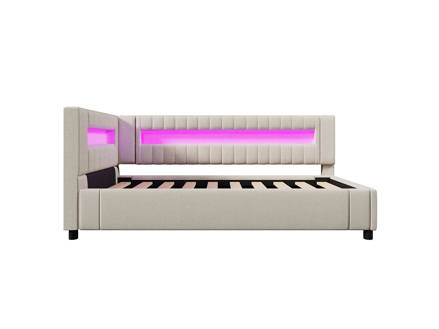 Lit coffre rembourré - 90 x 200 cm - avec Leds + USB + Type-C + hydraulique rangement - lin + MDF - beige